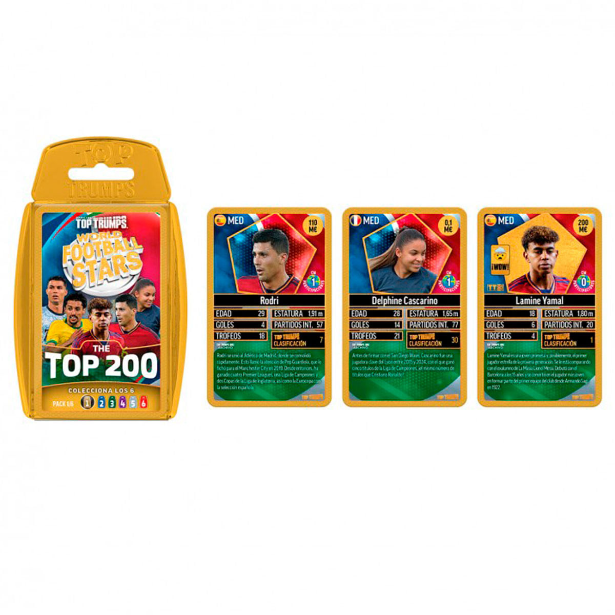 Caja coleccionable Top Trumps World Football Stars con tres cromos de jugadores.