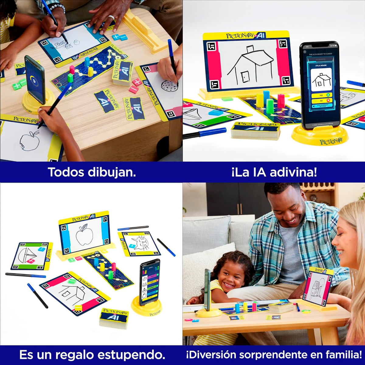 Familia juega Pictionary AI. Niños y adultos dibujan y adivinan imágenes en el teléfono.