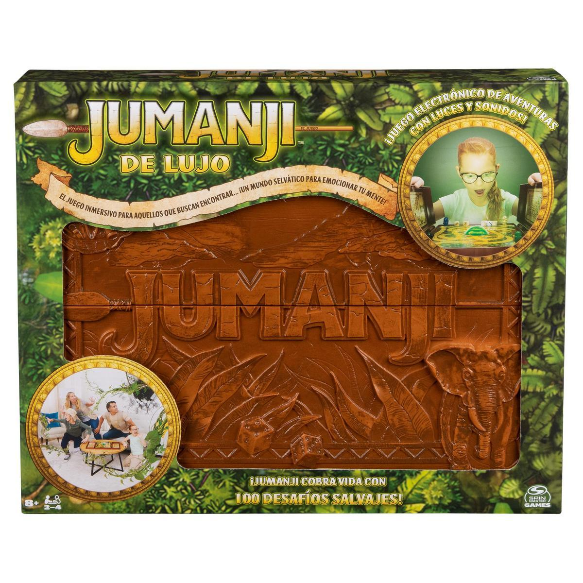 Caja del juego de mesa Jumanji con elefante y tema selvático.
