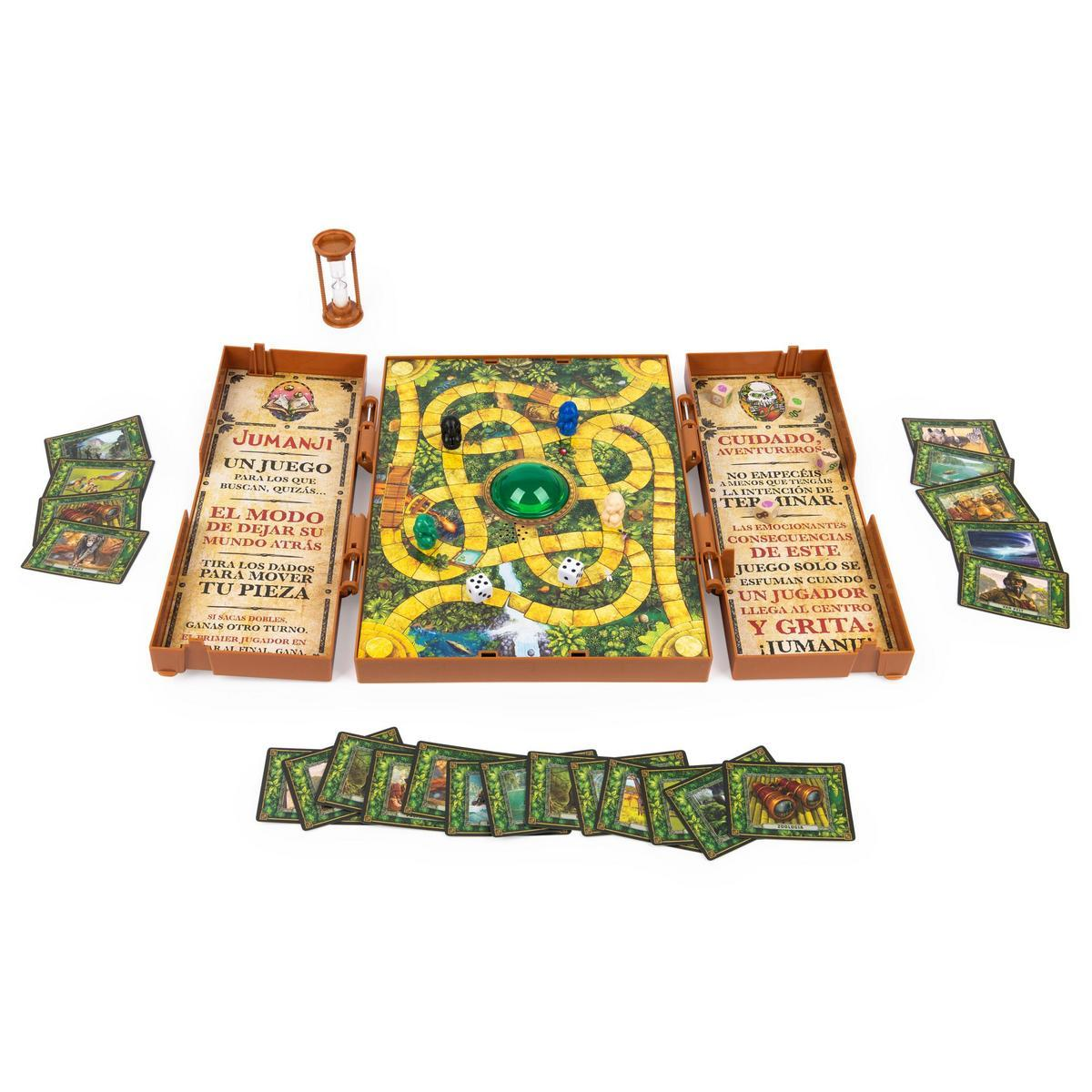Juego de mesa Jumanji con tablero, dados, fichas y cartas.