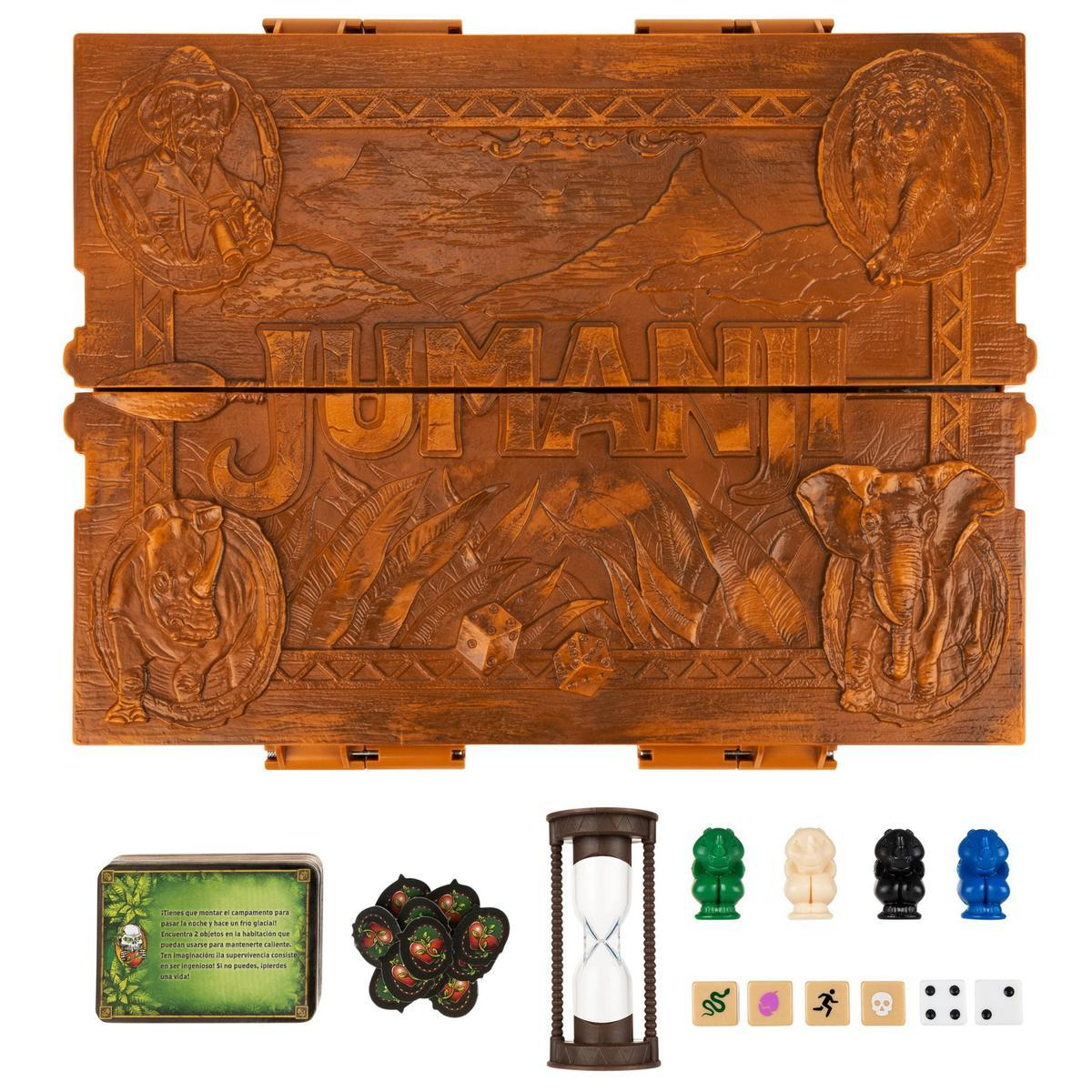 Caja del juego Jumanji abierta, con dados, reloj de arena, fichas y cartas.