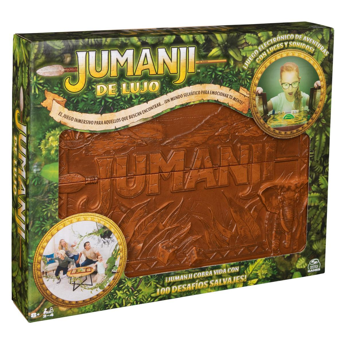 Caja del juego Jumanji Deluxe con tema de jungla, ilustraciones de jugadores e imagen de elefante.