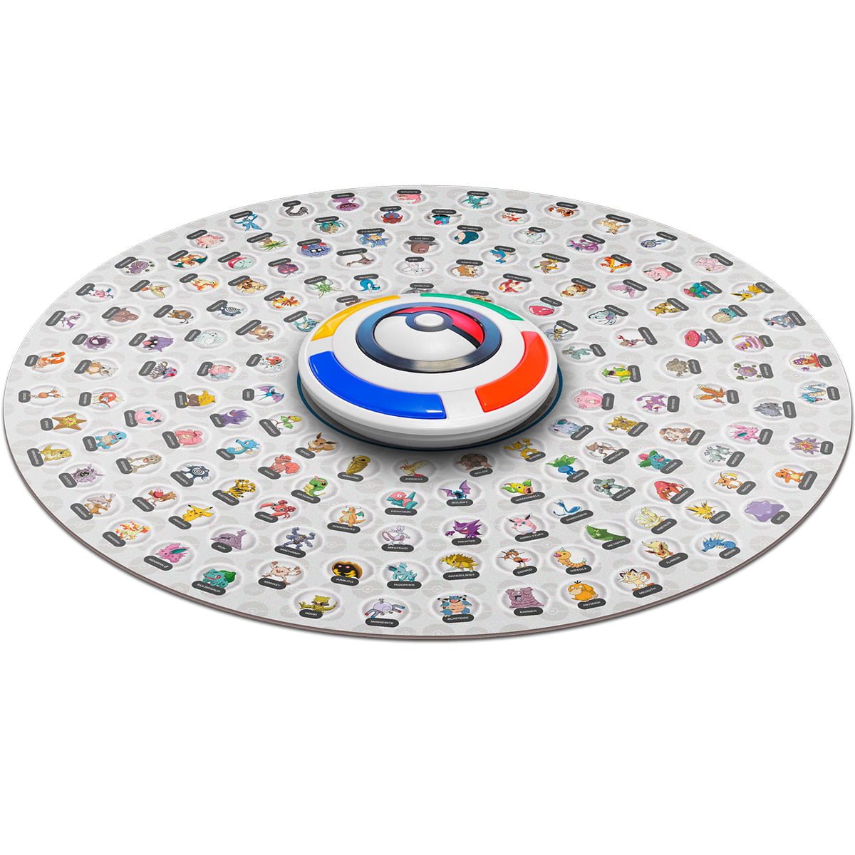 Tablero de juego redondo con muchas imágenes de Pokémon y una pieza central colorida.