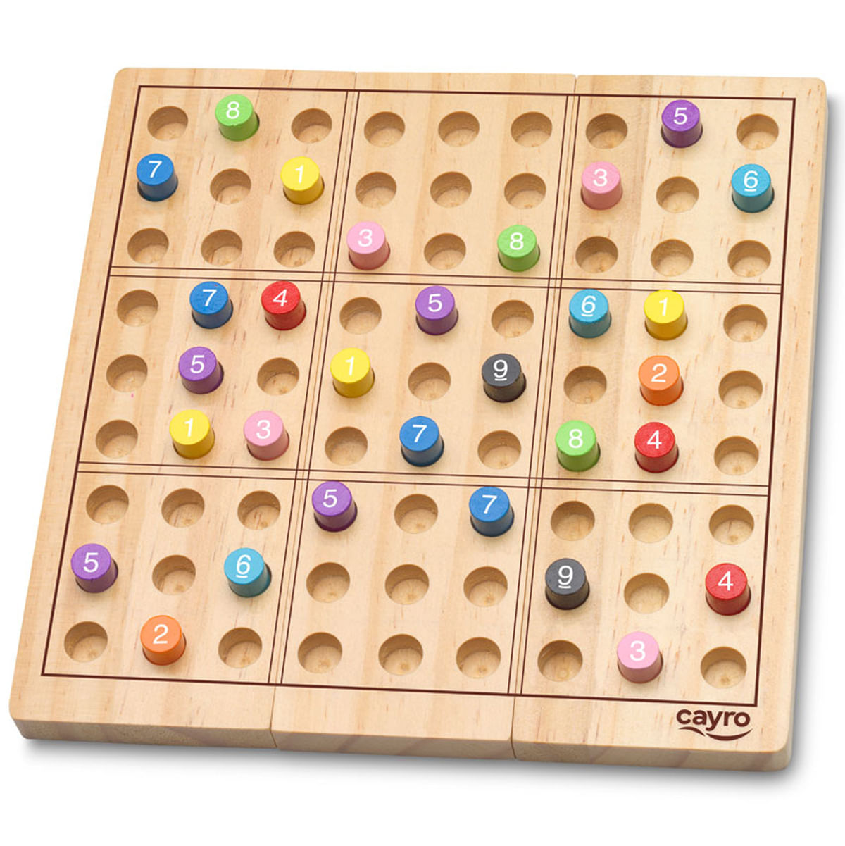 Tablero de juego de madera con fichas numéricas de colores.