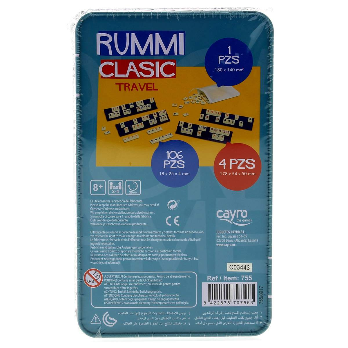 Embalaje del juego Rummikub Classic Travel con fichas e instrucciones.