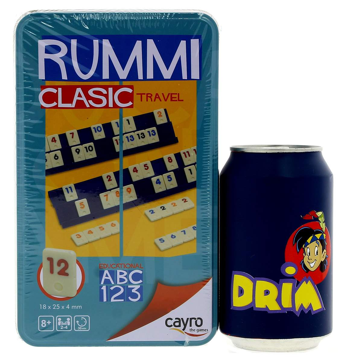 Caja del juego RUMMI Clasic Travel y una lata azul con 'DRIM' escrito.