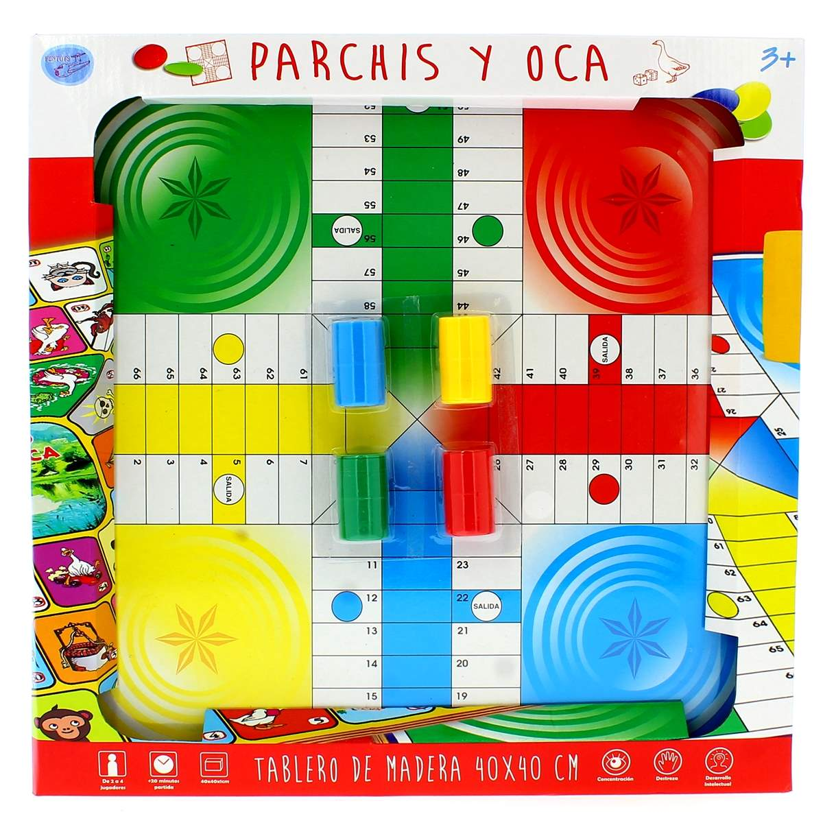 Tablero de madera "Parchis y Oca" con cuatro zonas de juego en rojo, verde, amarillo y azul.