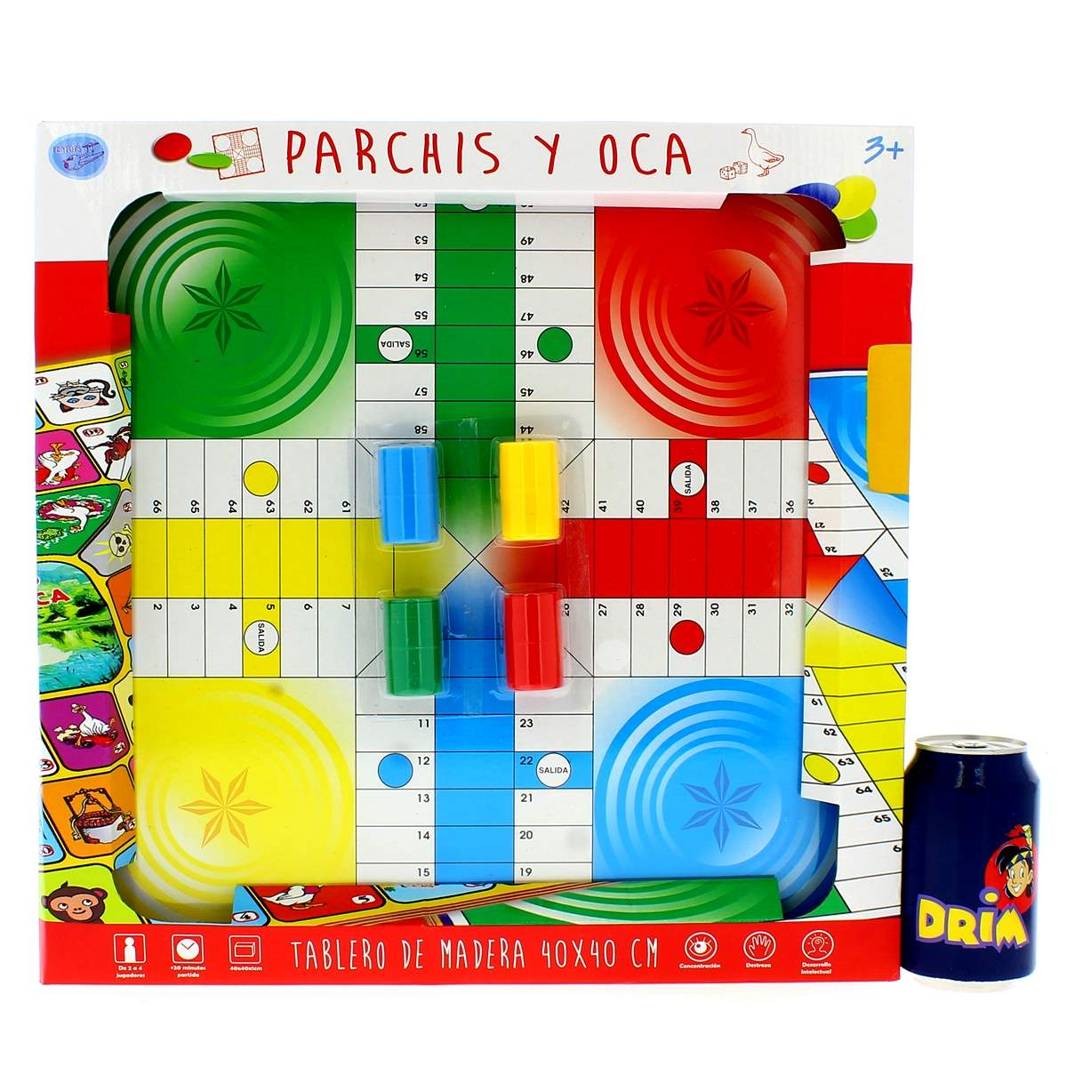 Un juego de mesa de madera con peones y una lata de refresco.