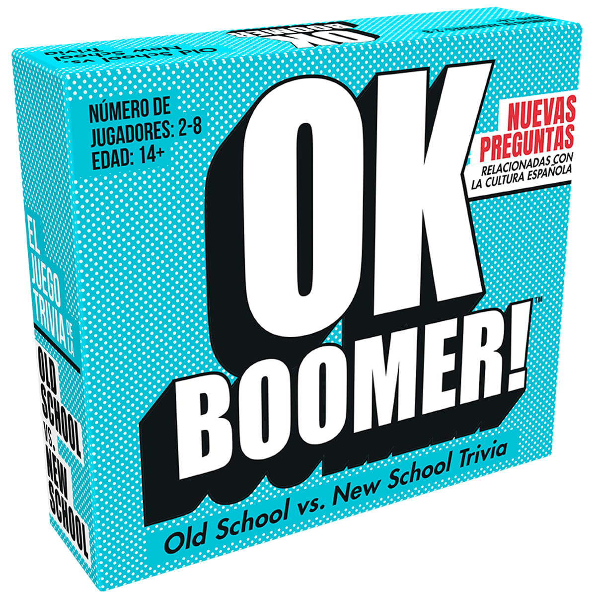 Caja del juego de cartas "OK Boomer!" con preguntas de trivia.