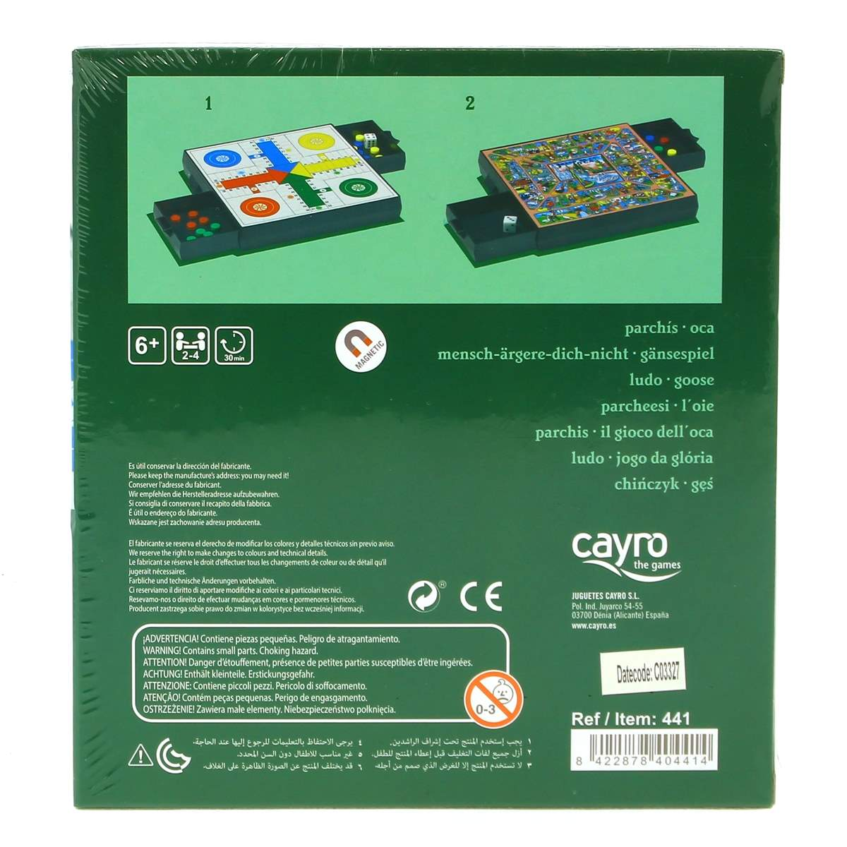 Embalaje de juego de mesa con tableros, dados y peones. Edad: 6+.