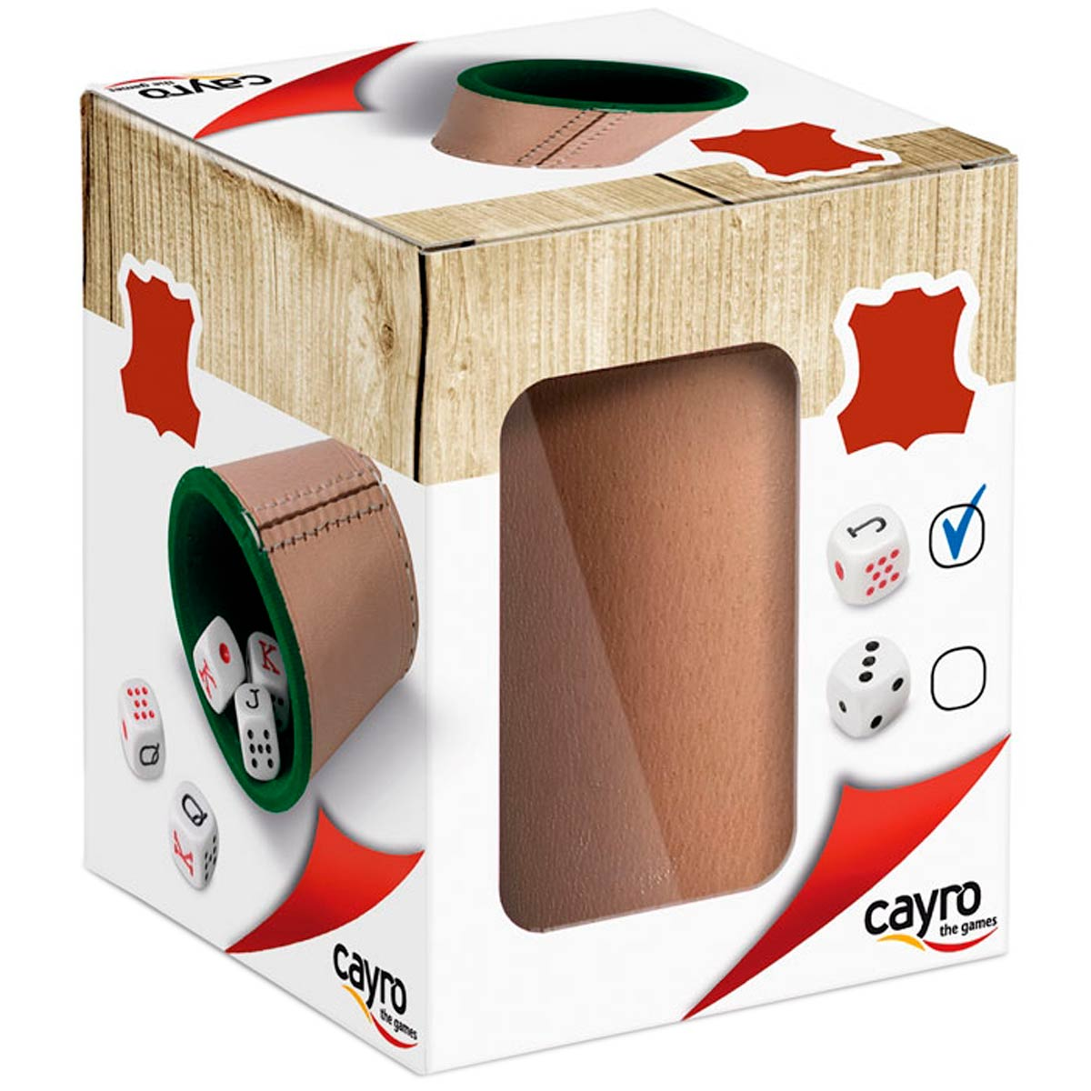 Un cubilete de dados de imitación cuero con dados y cartas. Marca: Cayro.