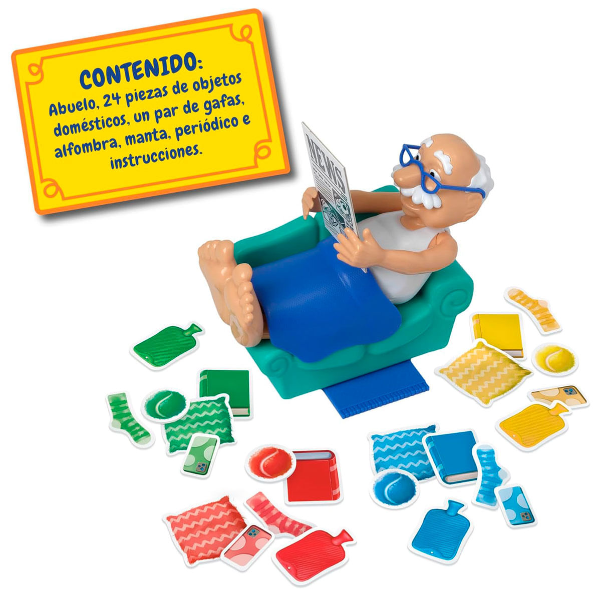 Un abuelo sentado en un sillón leyendo un periódico, rodeado de piezas de juguete.