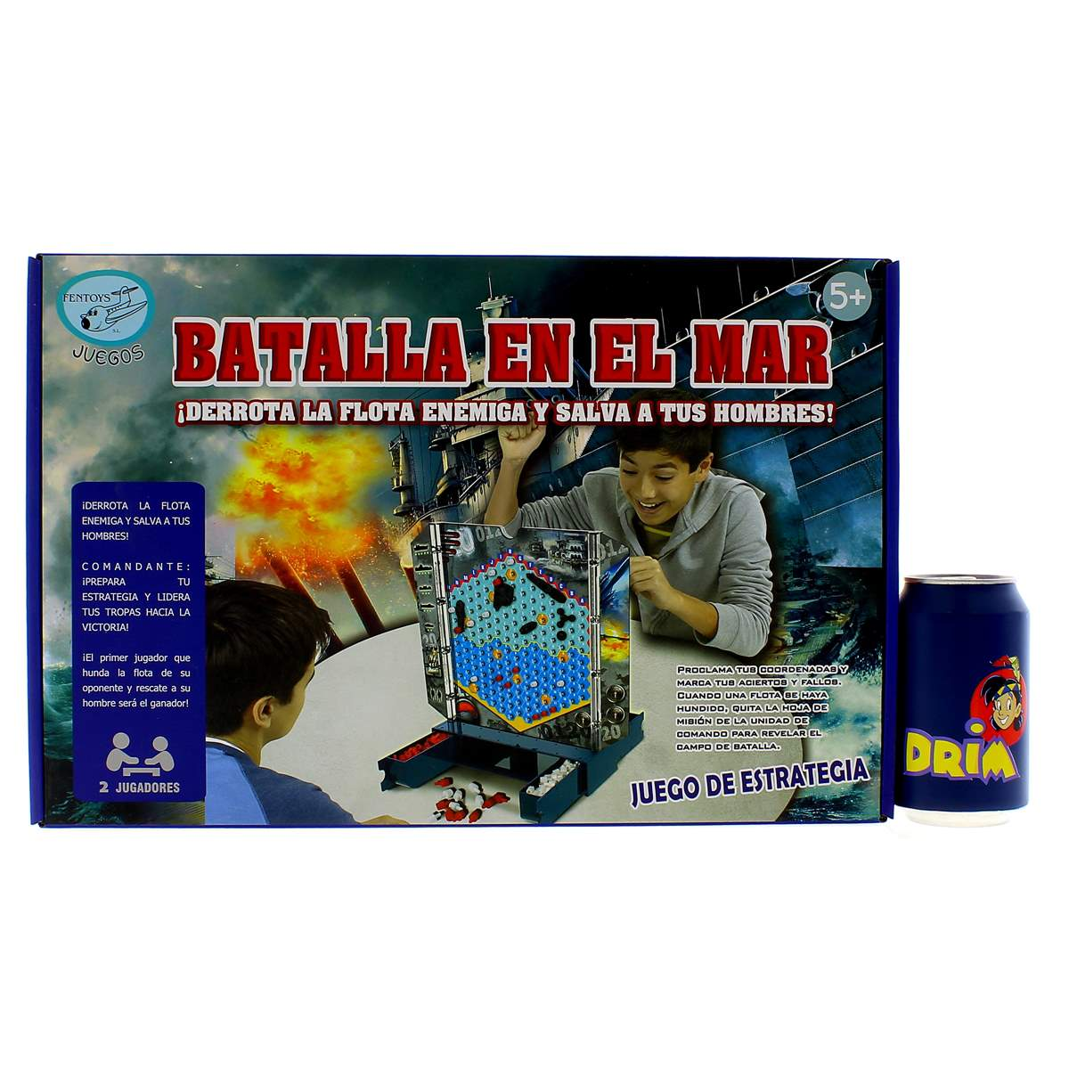 Caja de juego "Batalla en el Mar" con dos niños jugando. Un naufragio está al fondo.