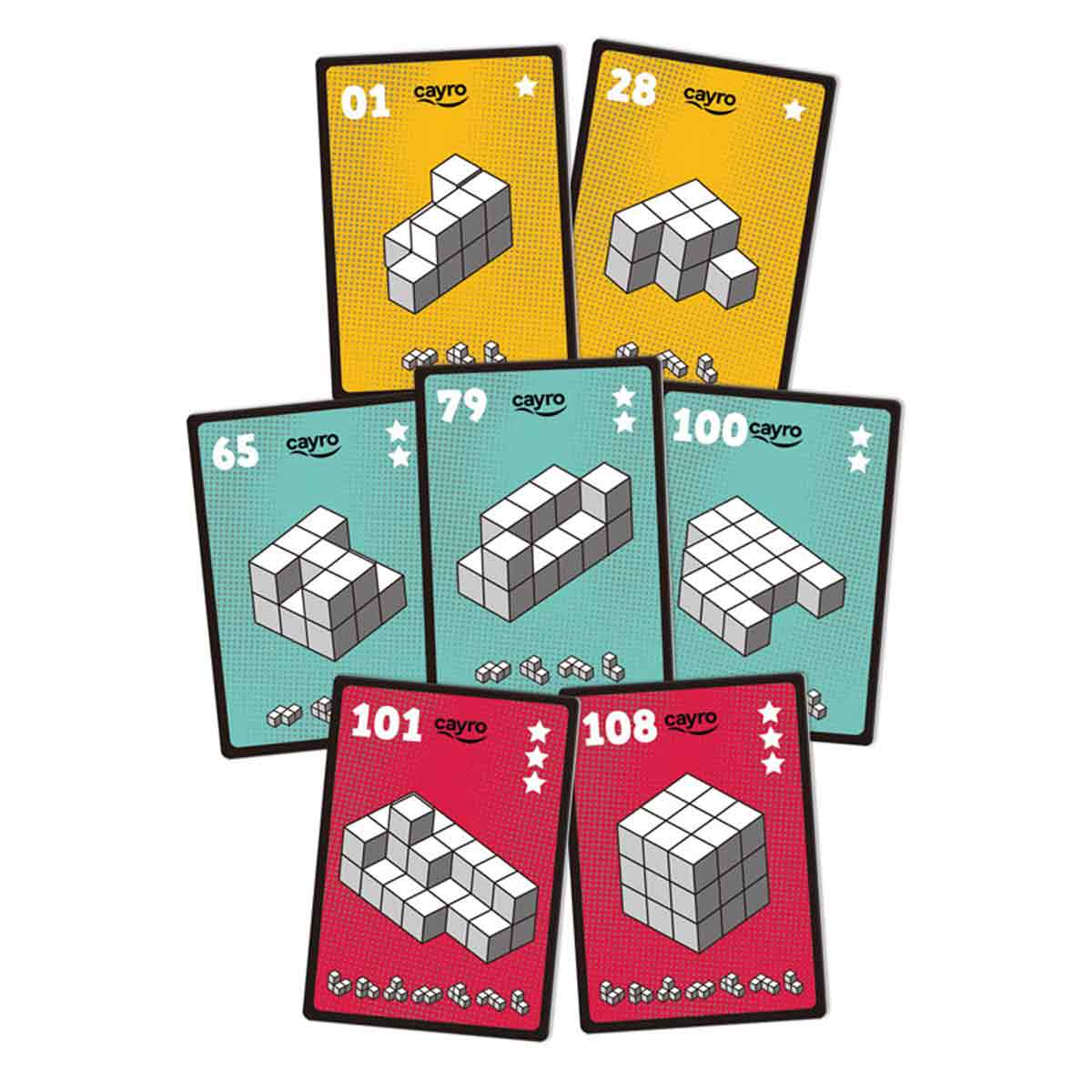 Siete cartas con rompecabezas de bloques 3D. Cartas amarillas, turquesas y rojas muestran formaciones.
