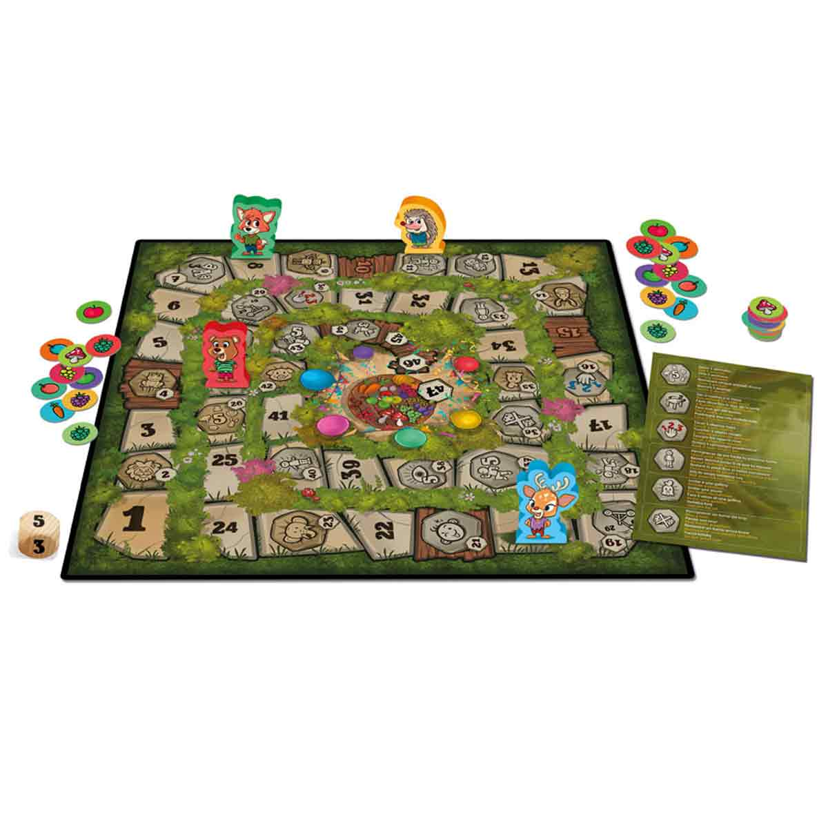 Juego de mesa con animales, bayas y números en un campo verde.
