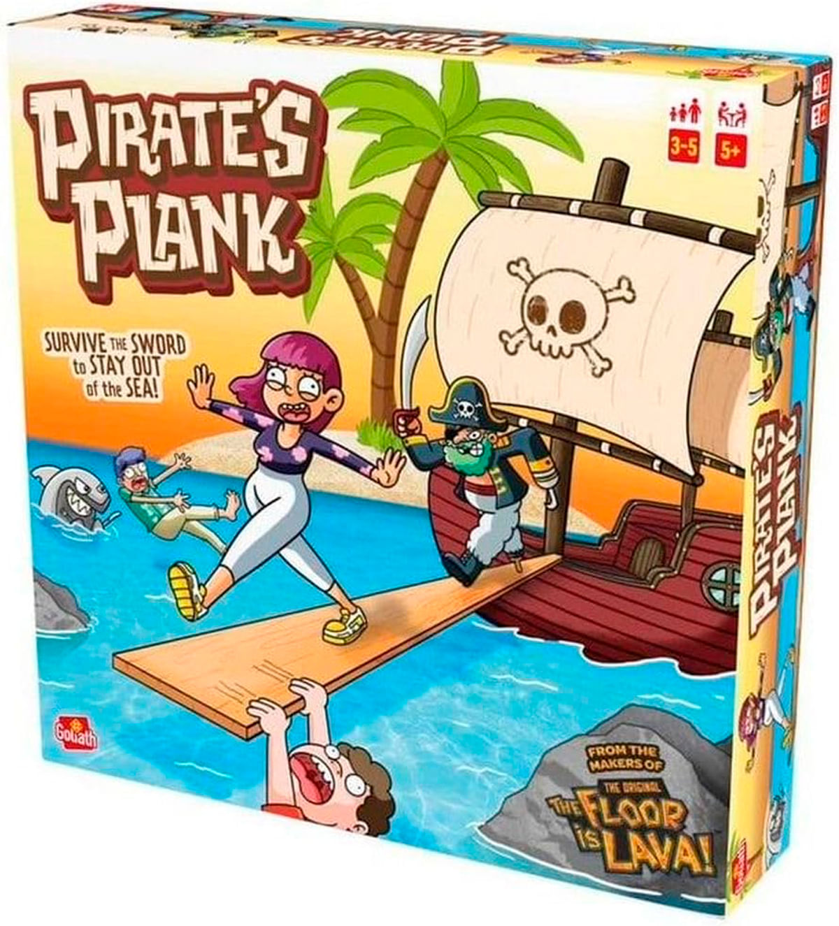 Caja de juego: Piratas, un barco, palmeras y mar. Una niña se balancea en una tabla de madera.