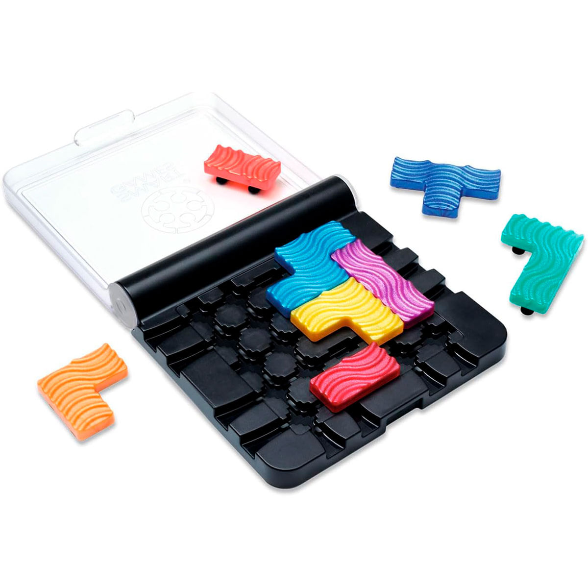 Un juego de Tangram de colores con piezas insertadas en un tablero negro.