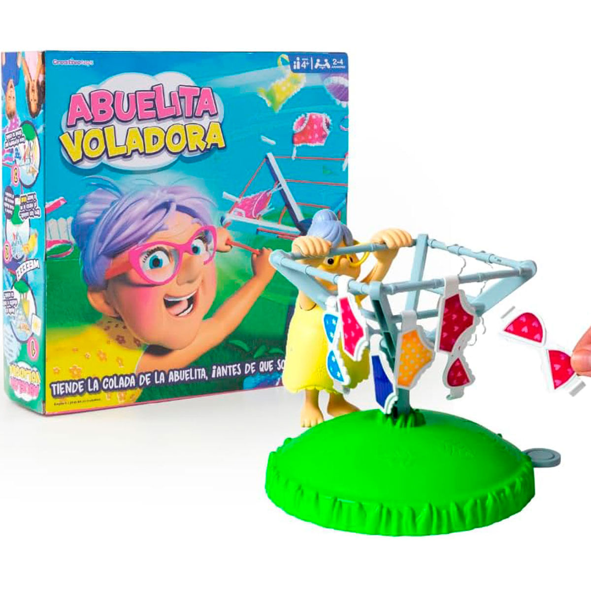 Juego de mesa: Abuela voladora con ropa interior colorida en un tendedero.
