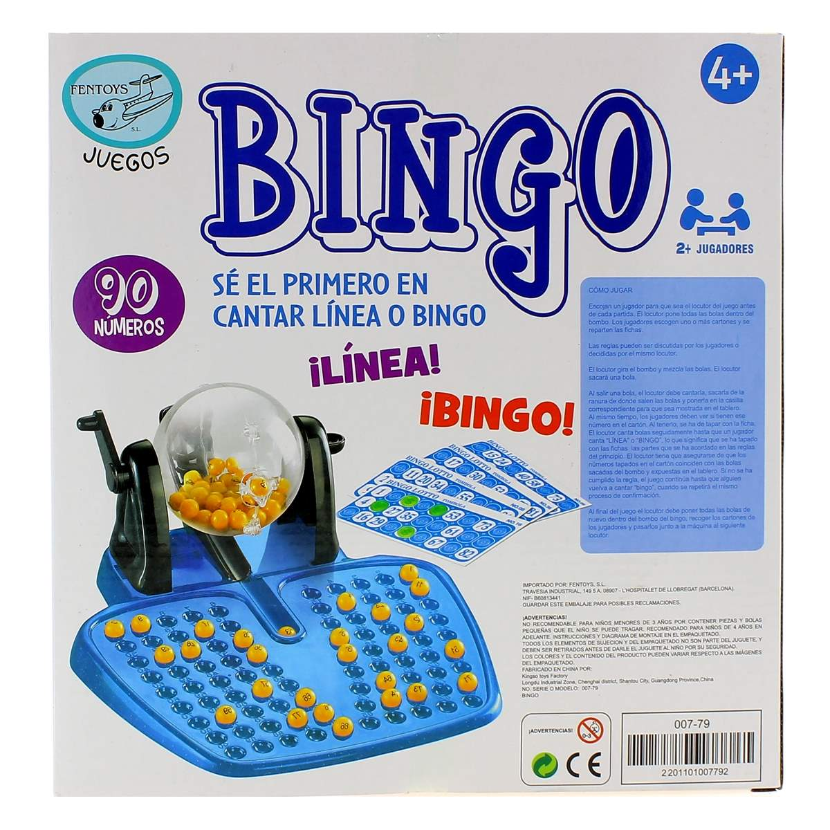 Juego de bingo con bombo, tarjetas y fichas. Para mayores de 4 años.