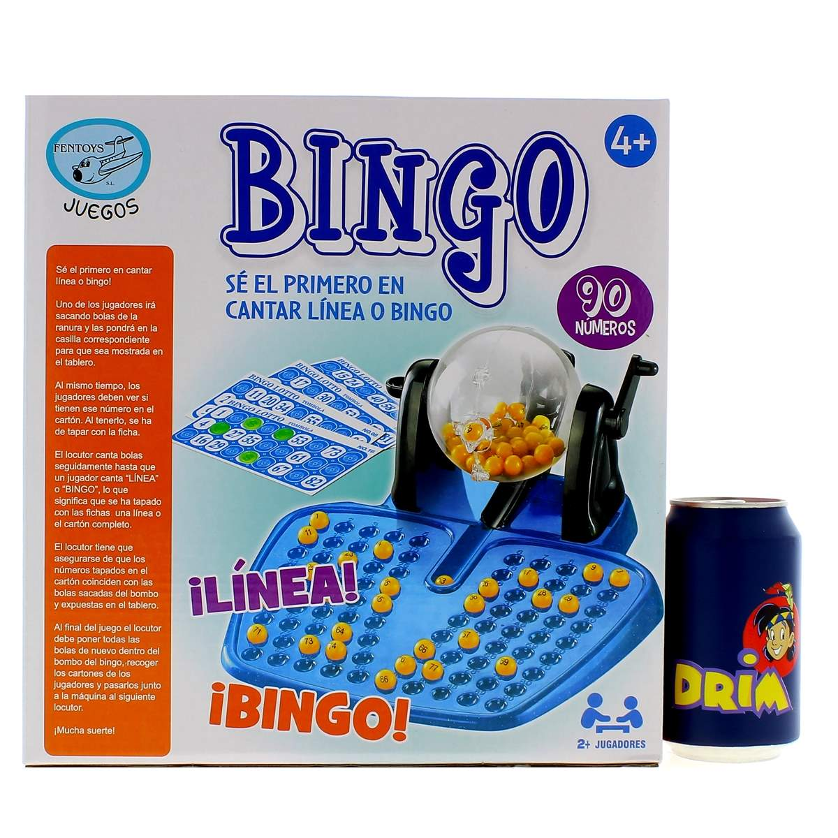 Un juego de bingo con dispensador de bolas, cartas y bolas amarillas junto a una lata.