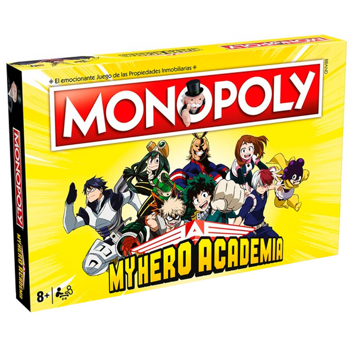 Monopoly My Hero Academia juego de mesa. Personajes estilo anime sobre fondo amarillo.