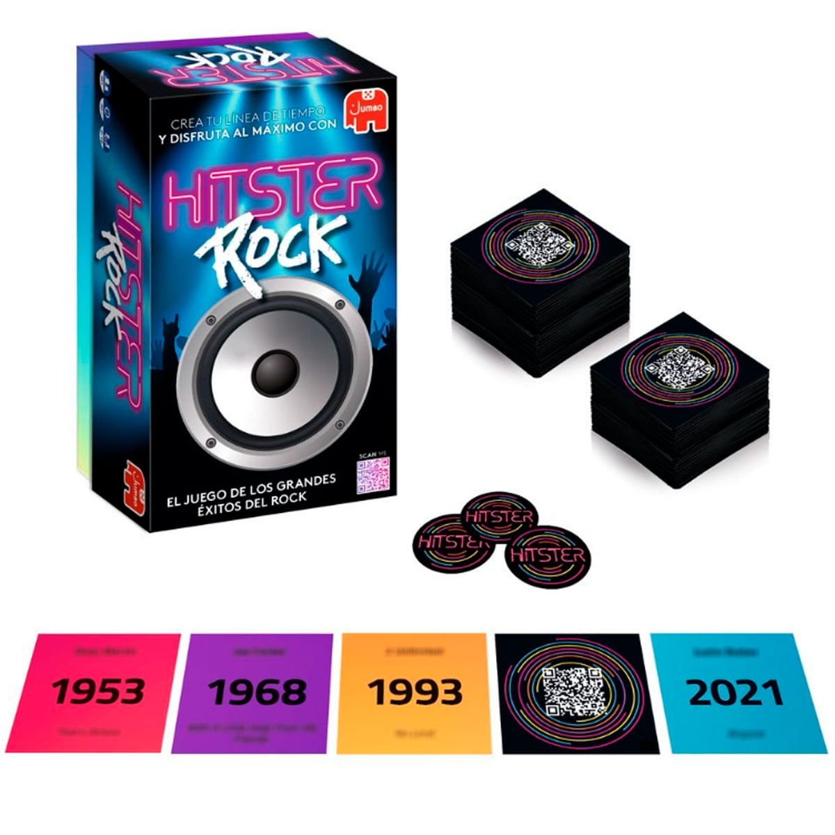 Caja de juego, cartas y cartas de año para el juego "Hitster Rock" en fondo blanco.