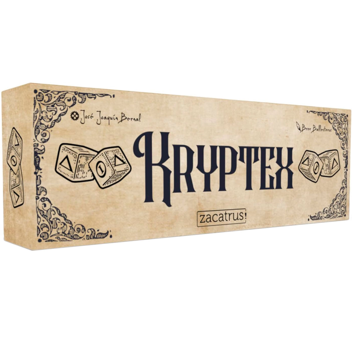 Caja de juego con dados y texto 'KRYPTEX' sobre fondo tostado.