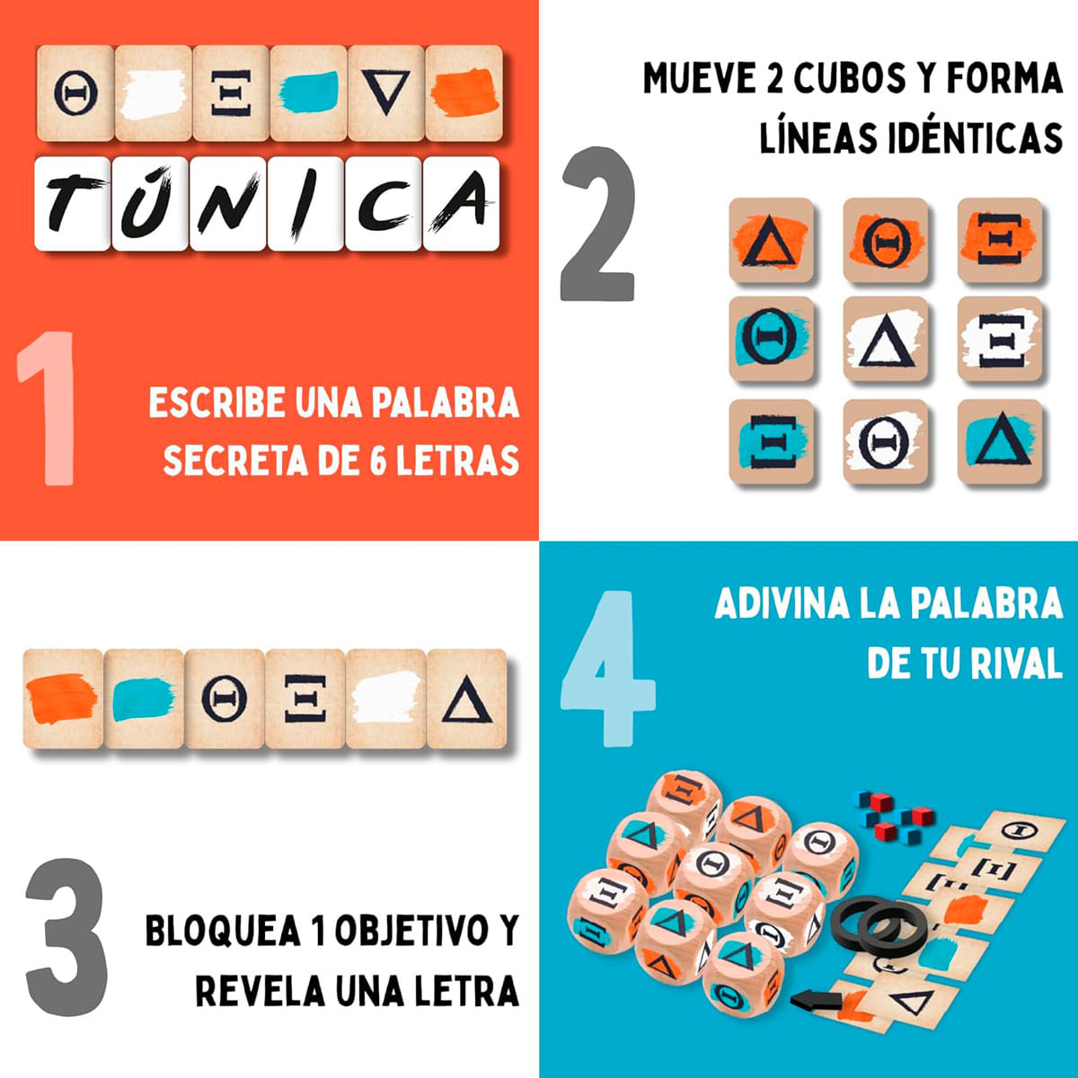 Instrucciones del juego en cuatro pasos: símbolos y palabra, mover cubos, bloquear objetivo, adivinar palabra.