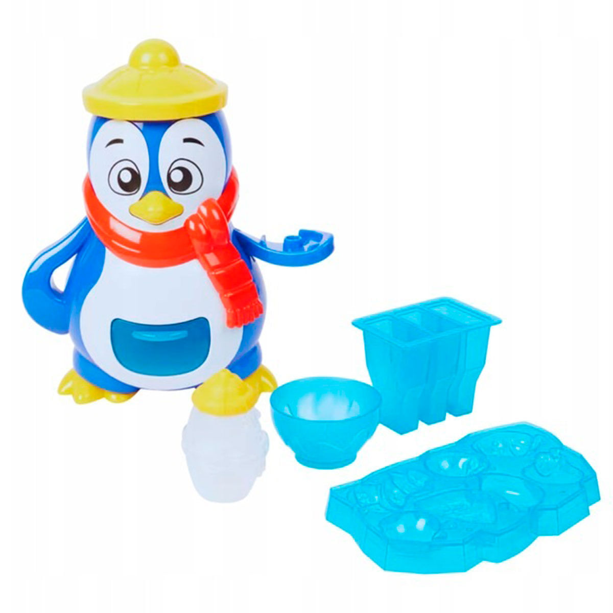Juguete de pingüino azul con bufanda roja, gorro amarillo y moldes de hielo.