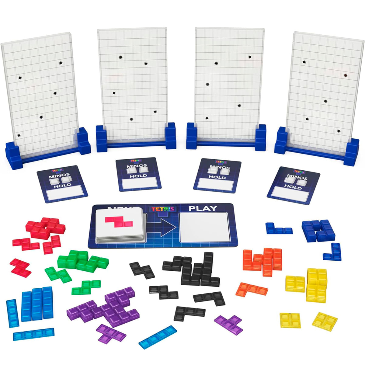 Tablero de juego Tetris con bloques coloridos, cuatro pantallas transparentes y cartas.