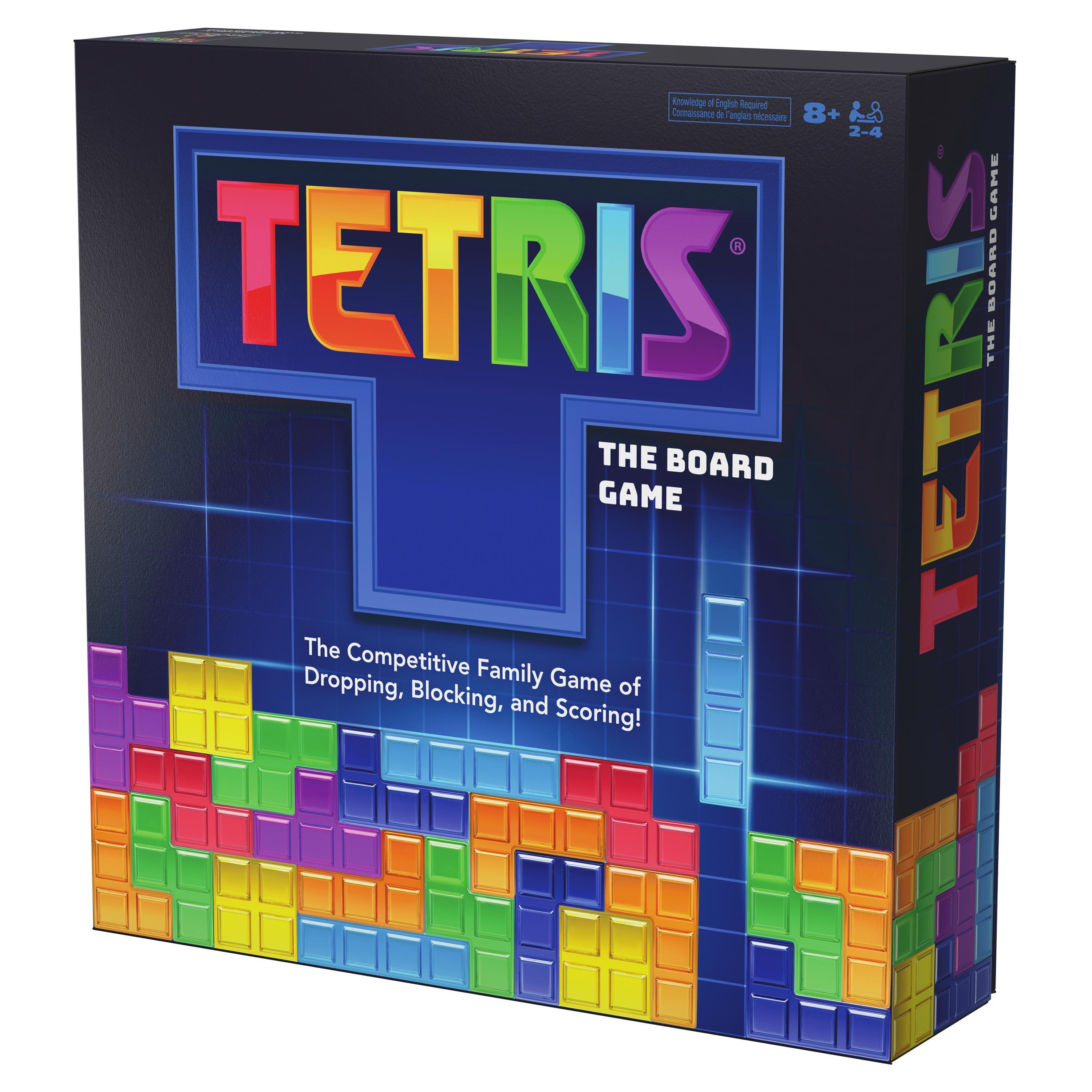 Caja del juego de mesa Tetris con bloques coloridos y logo.