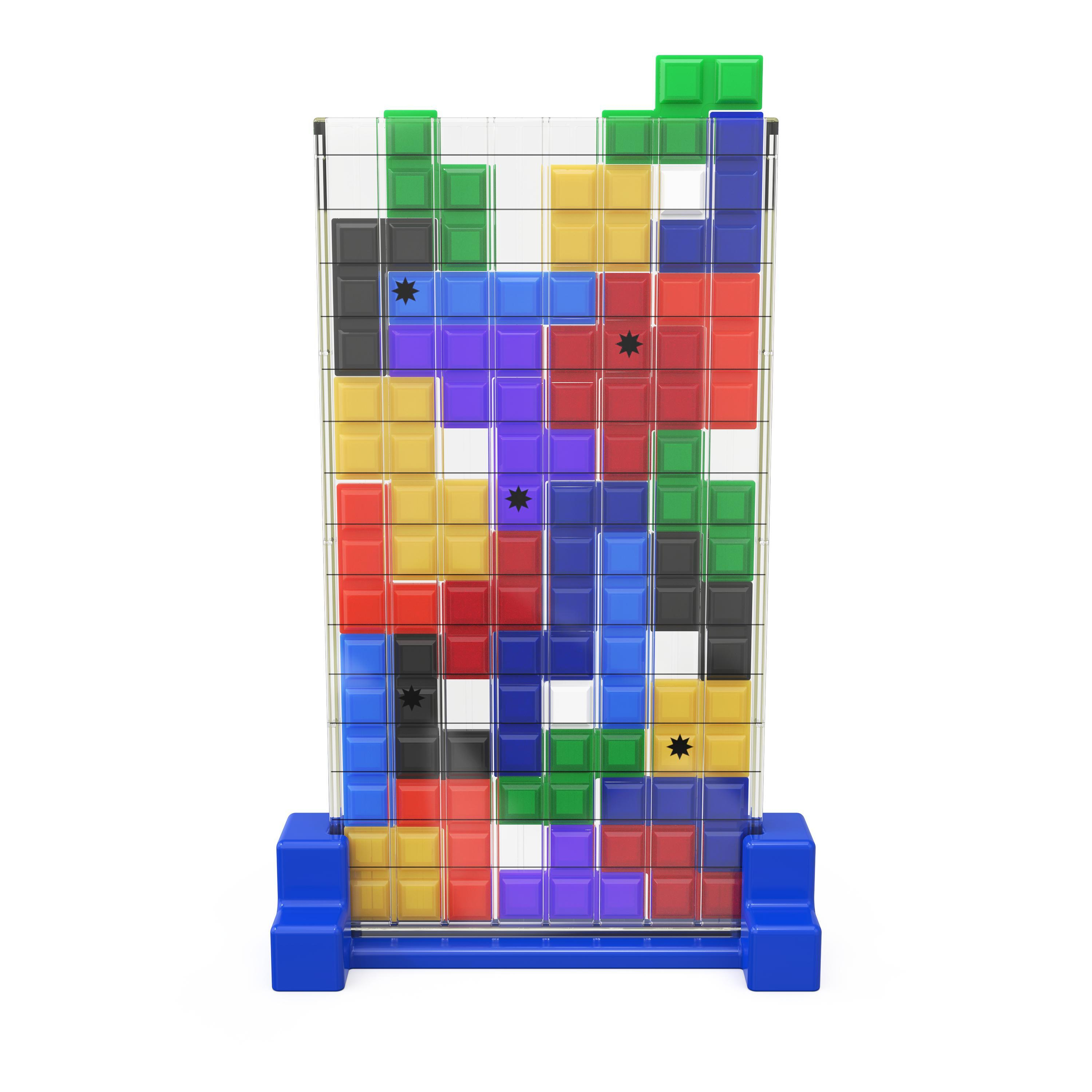 Juego de Tetris colorido con estrellas negras sobre fondo transparente.
