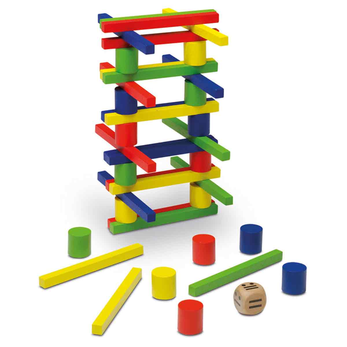 Una colorida torre de bloques de madera, con bloques acostados y de pie cerca, y un dado.