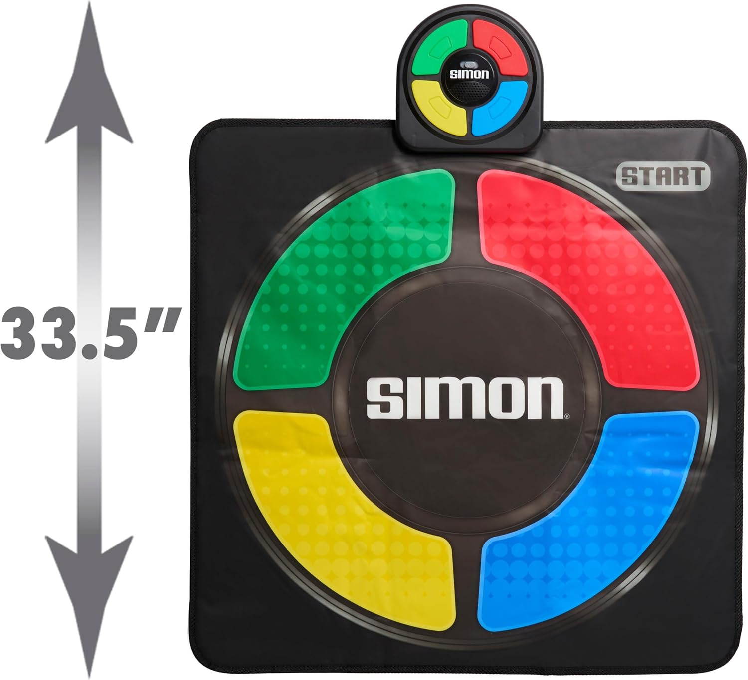 Una alfombra de juego Simon negra con cuatro almohadillas de colores: verde, rojo, amarillo y azul.