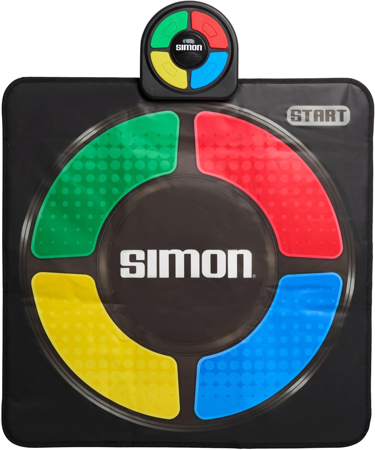 Tapete del juego Simon con cuatro almohadillas de colores: verde, rojo, amarillo y azul. Una unidad de control encima.