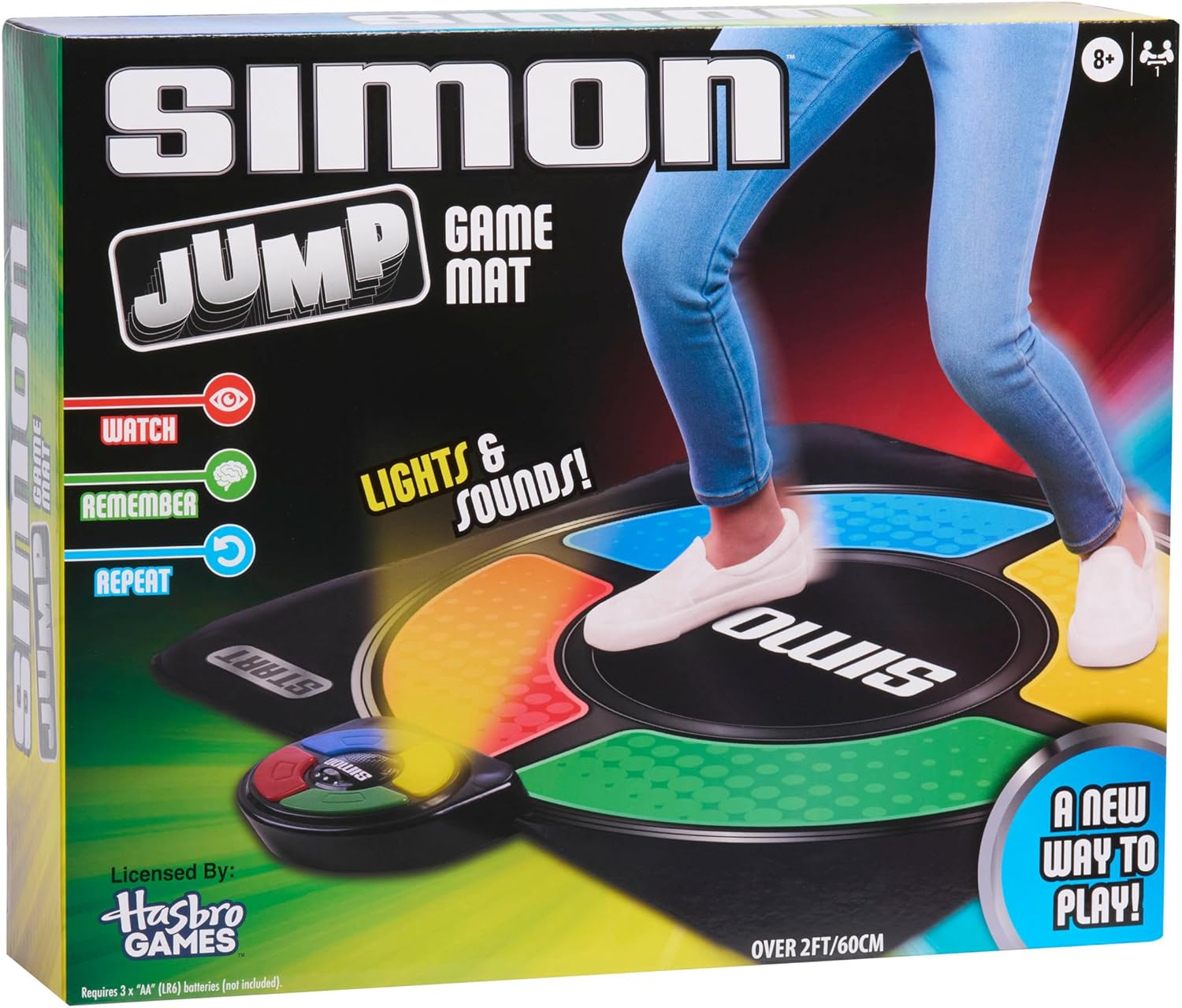 Caja del Simon Jump Game Mat con pies sobre almohadillas de colores.