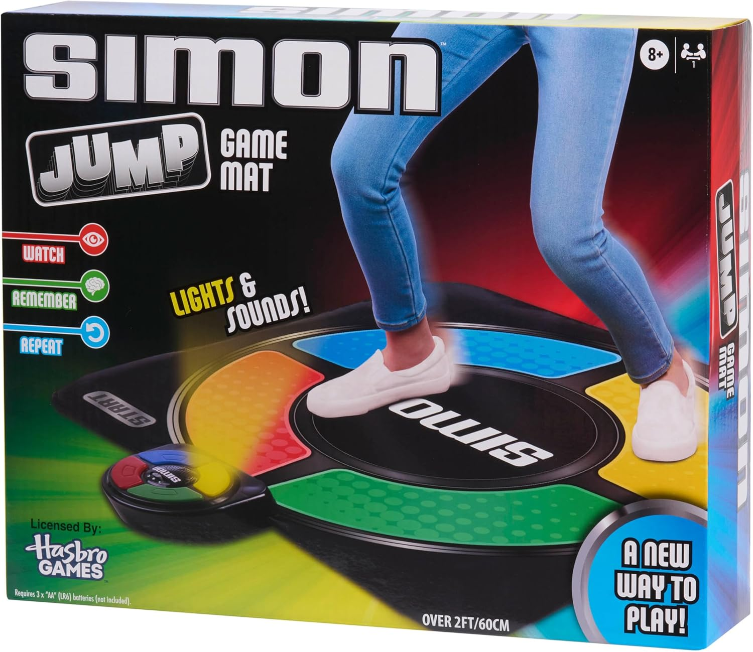 Caja del Simon Jump Game Mat con pies sobre almohadillas coloridas.