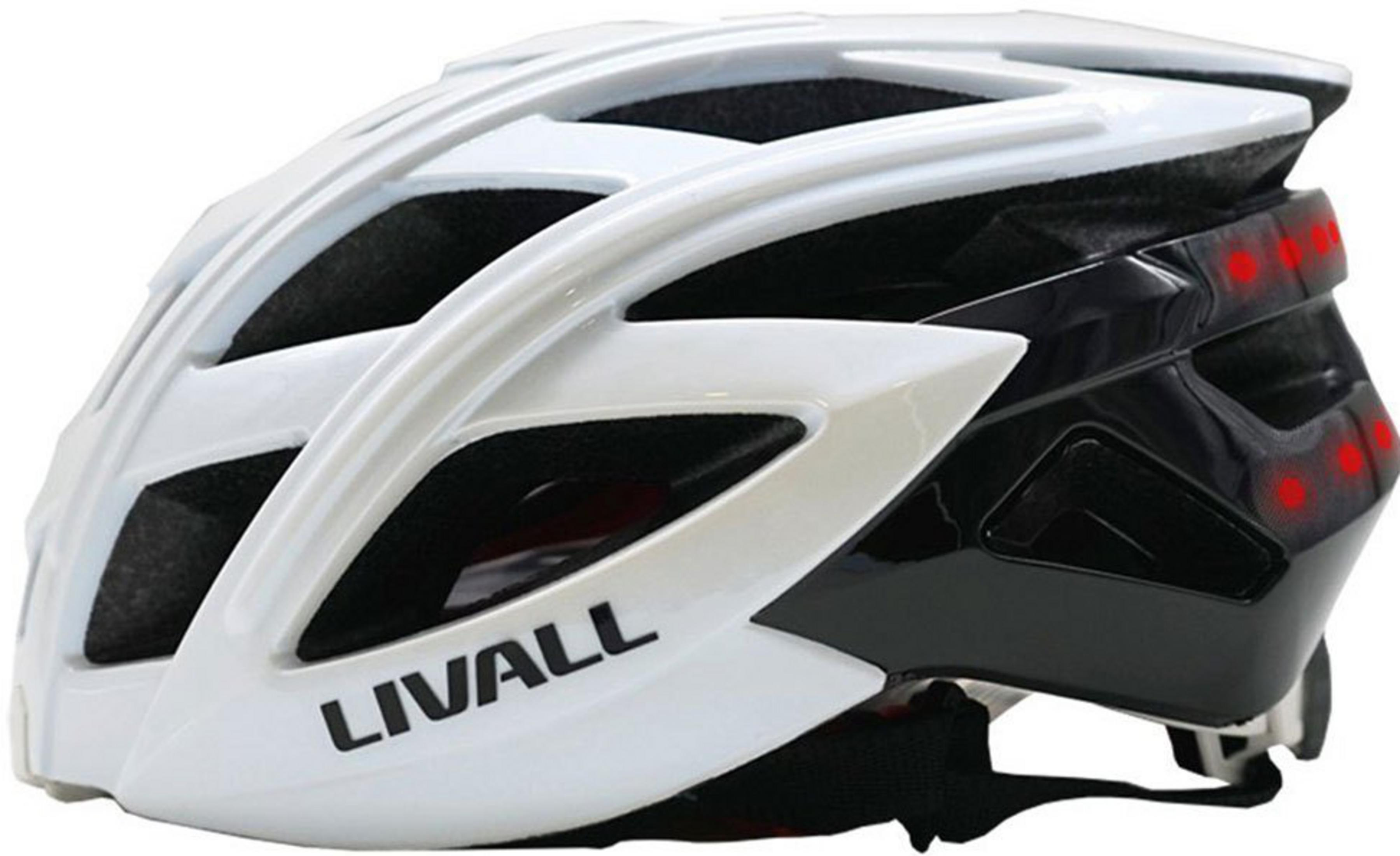 Ein weiß-schwarzer Fahrradhelm mit roten Rücklichtern und dem Schriftzug LIVALL.
