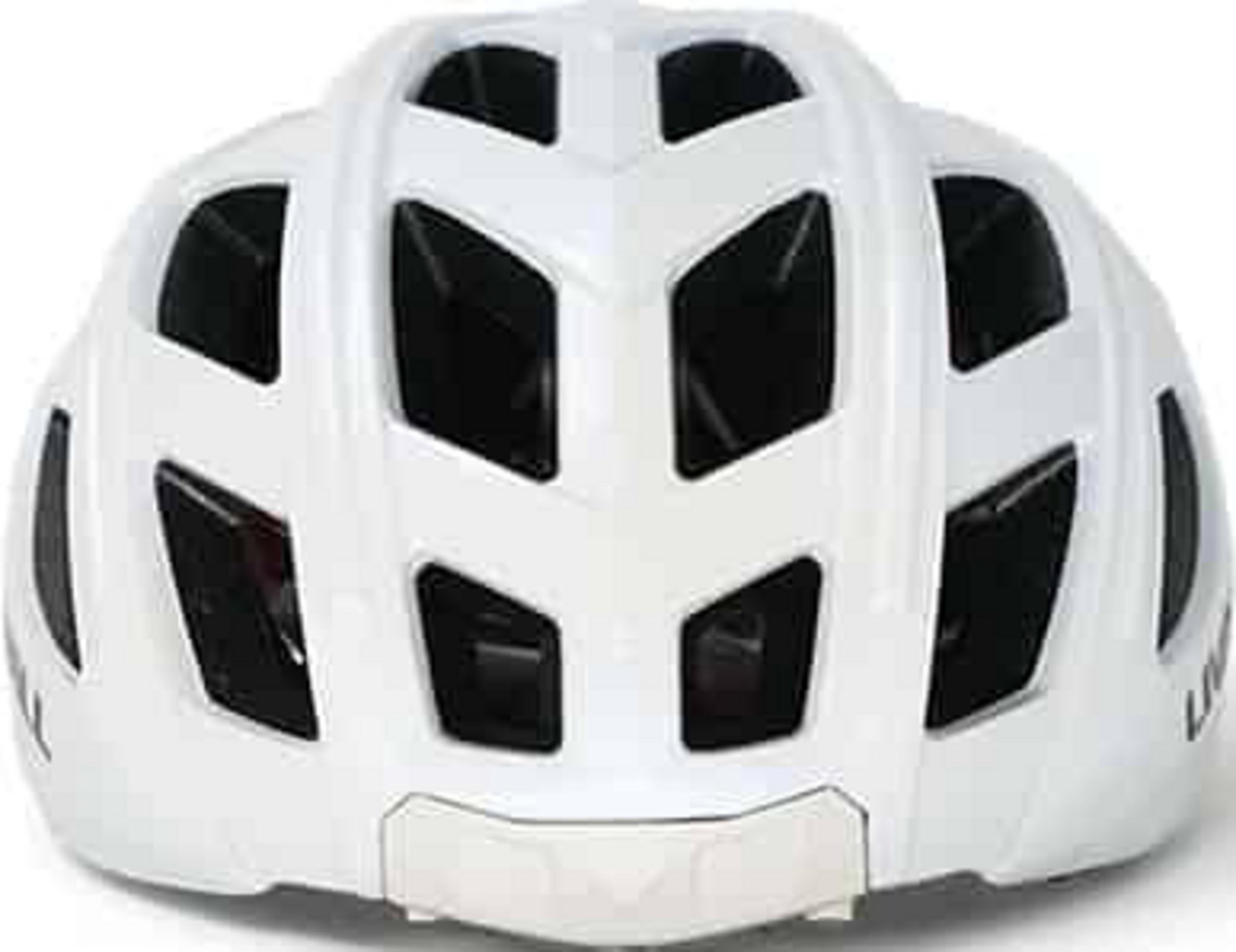 Ein weißer Fahrradhelm mit schwarzen Belüftungsöffnungen, von vorne gesehen.