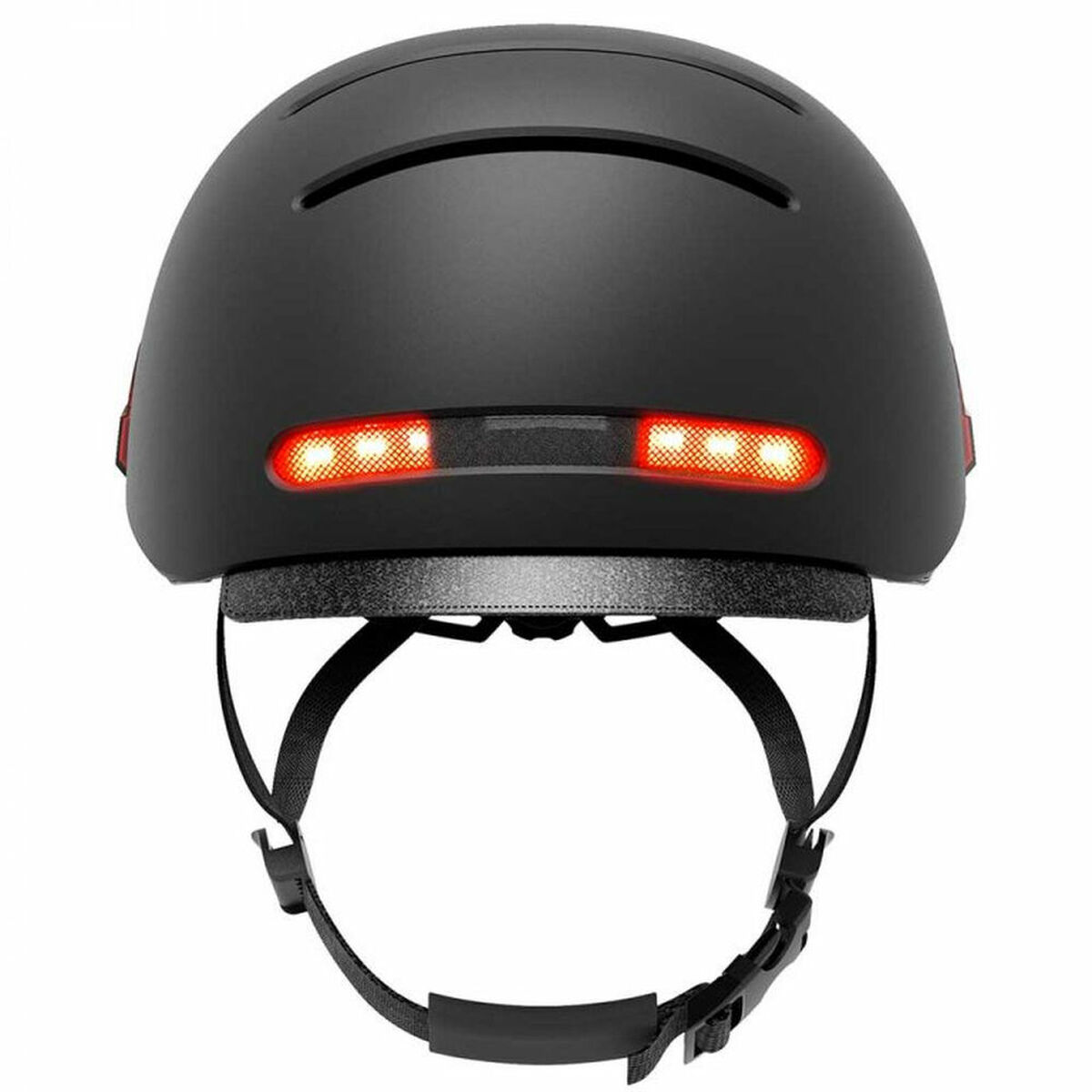 Schwarzer Fahrradhelm mit roten LED-Rücklichtern und verstellbaren Riemen.