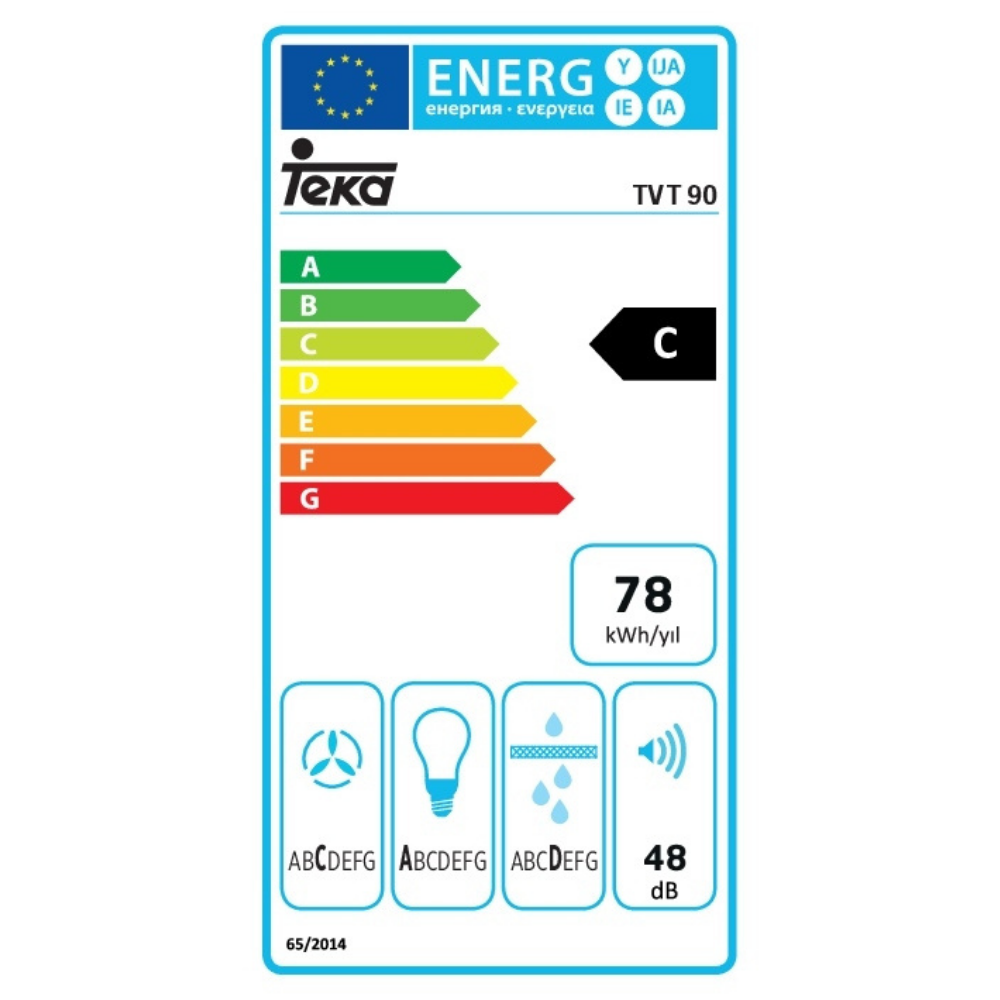 Teka TVT 90 enerji etiket: C Sınıfı, 78 kWh/yıl, 48 dB ses seviyesi.