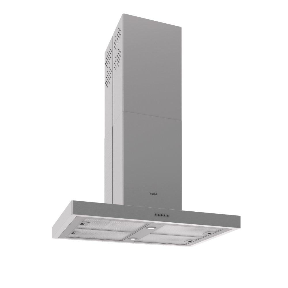 Cam filtreli ve LED ışıklı modern gümüş renkli TEKA davlumbaz.