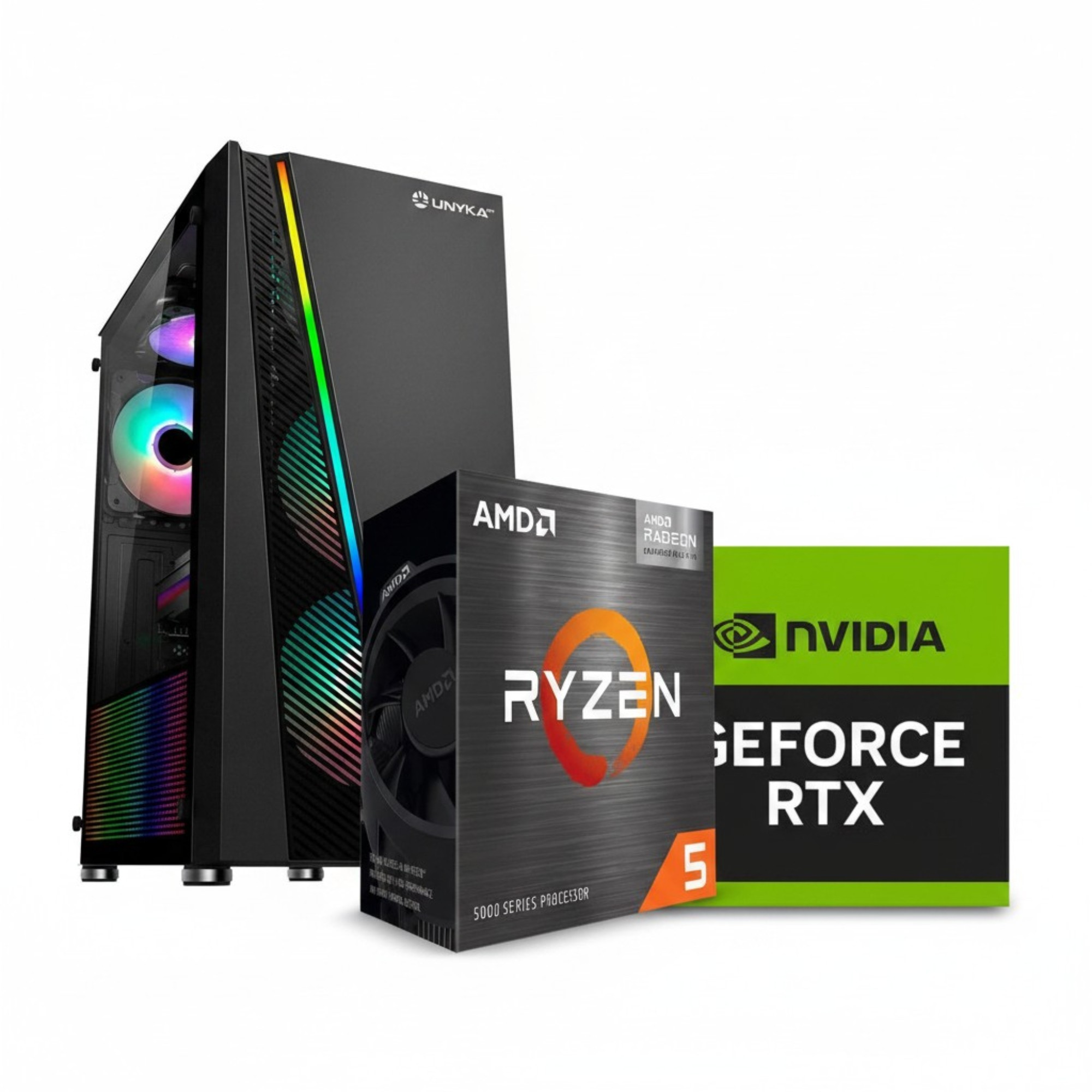 Una caja de PC con ventiladores RGB, una caja de CPU AMD Ryzen 5 y una caja Nvidia GeForce RTX.
