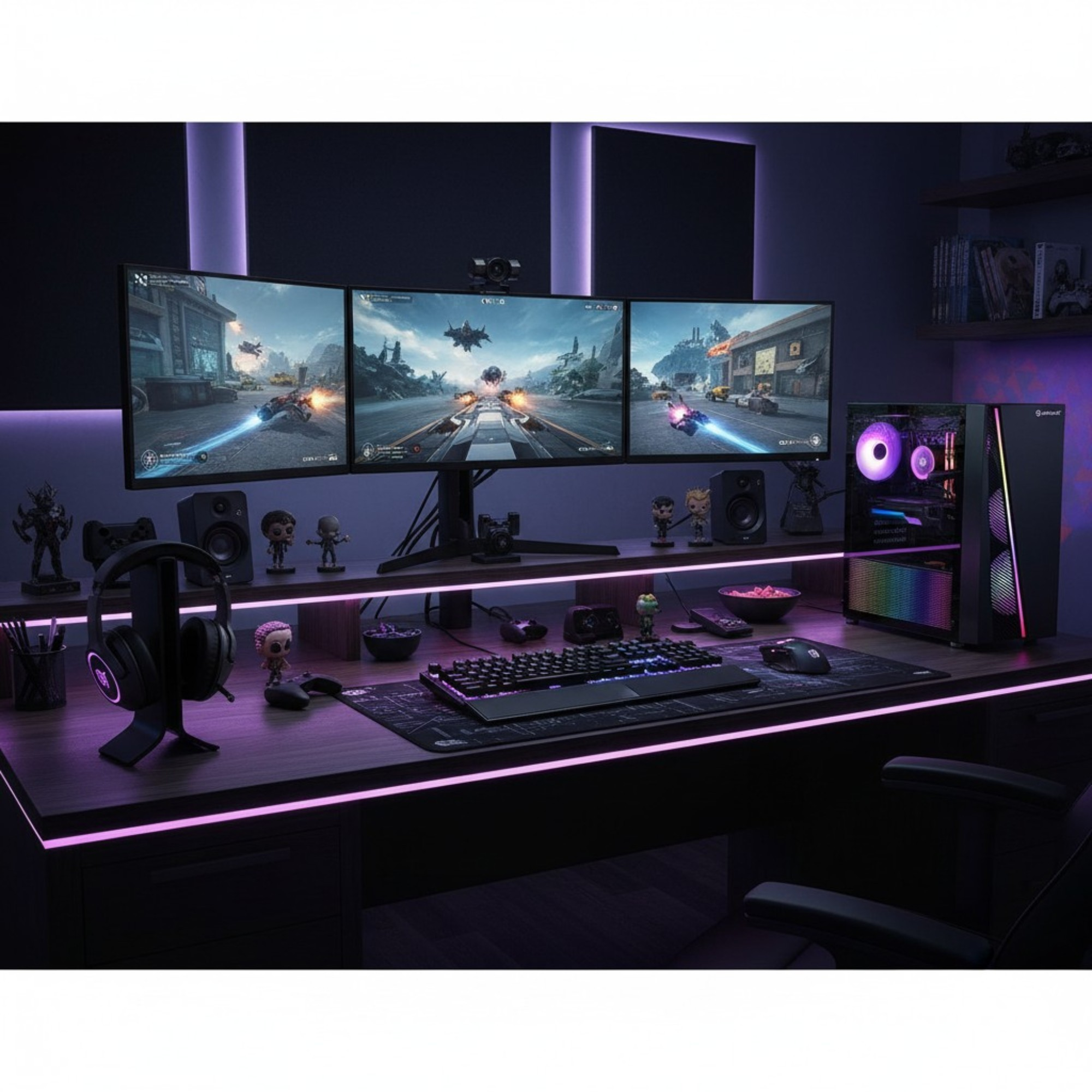 Una configuración de juegos con triple monitor, teclado, ratón, auriculares y PC con iluminación púrpura.