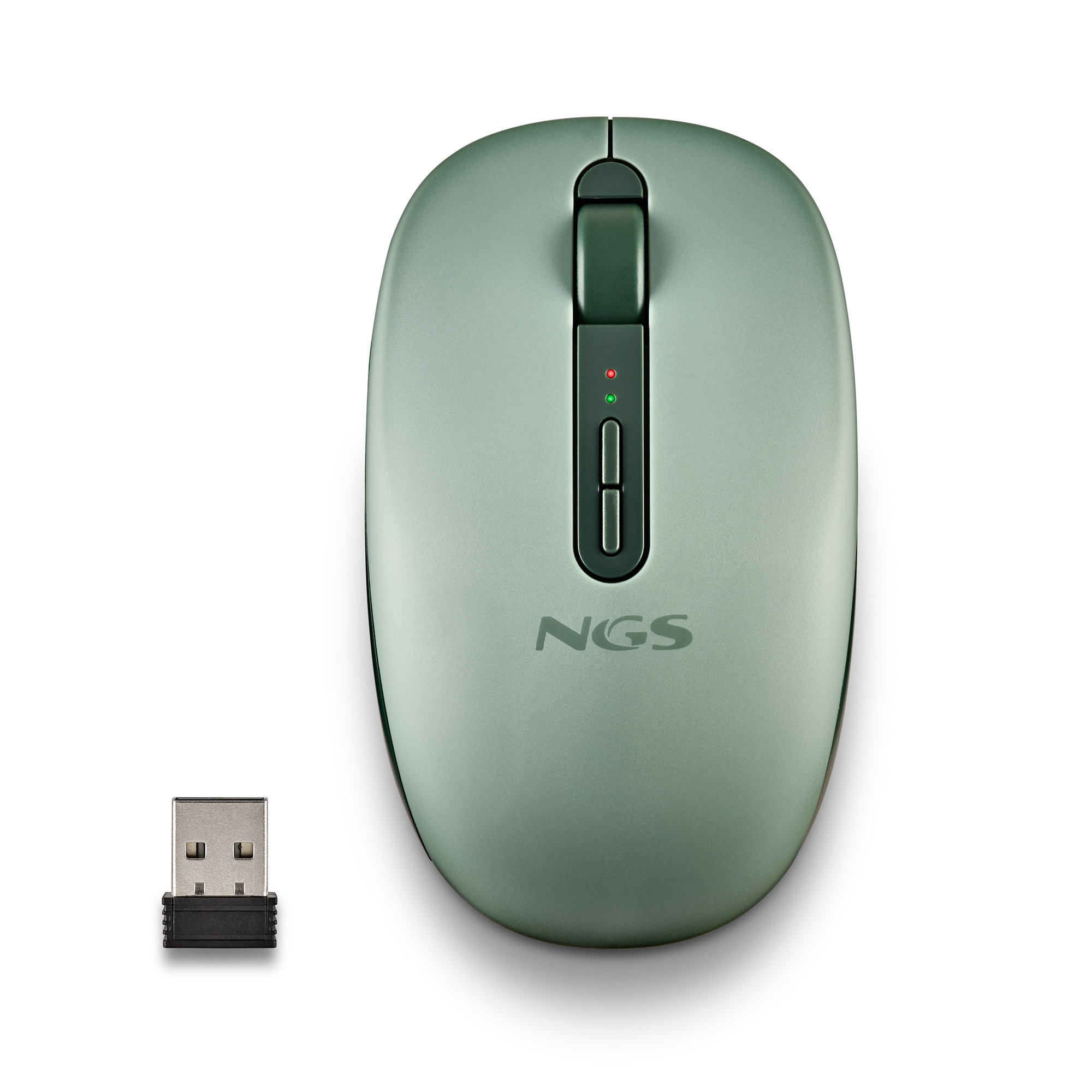Mouse verde e ricevitore USB su sfondo bianco. Il mouse ha rotellina e pulsanti.