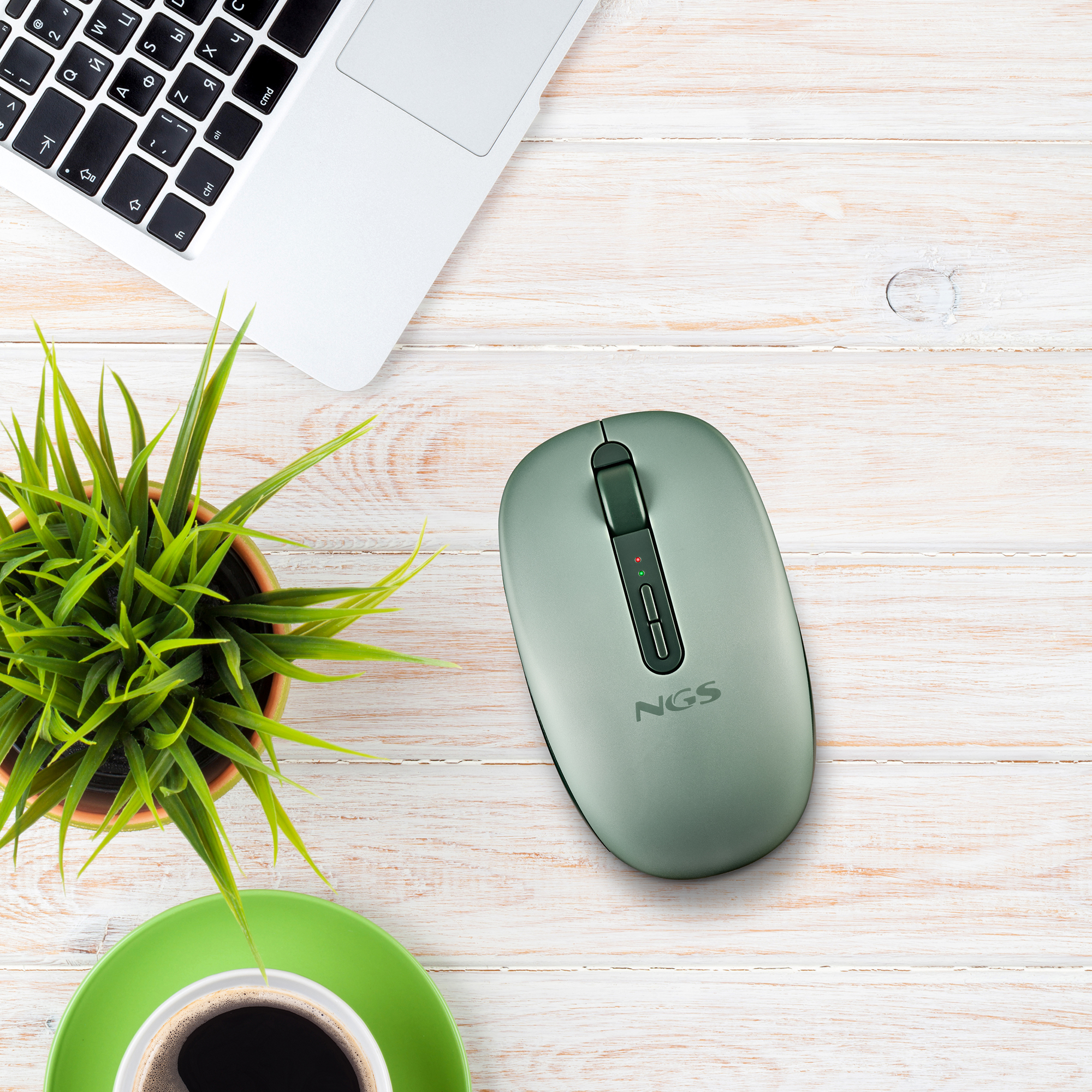 Un laptop, pianta verde, mouse e caffè su tavolo di legno.