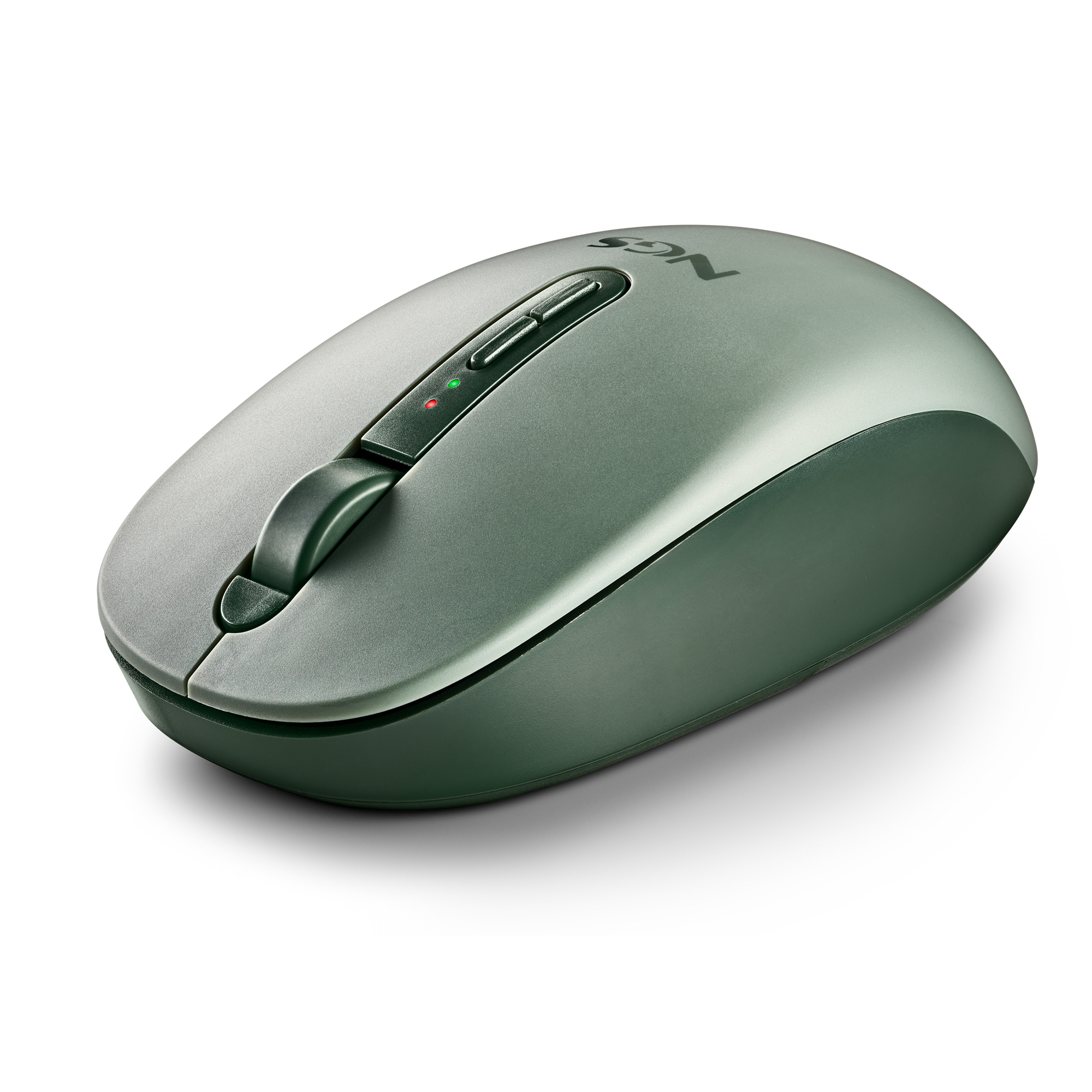 Un mouse grigio per computer con rotellina e due pulsanti poggia su sfondo bianco.