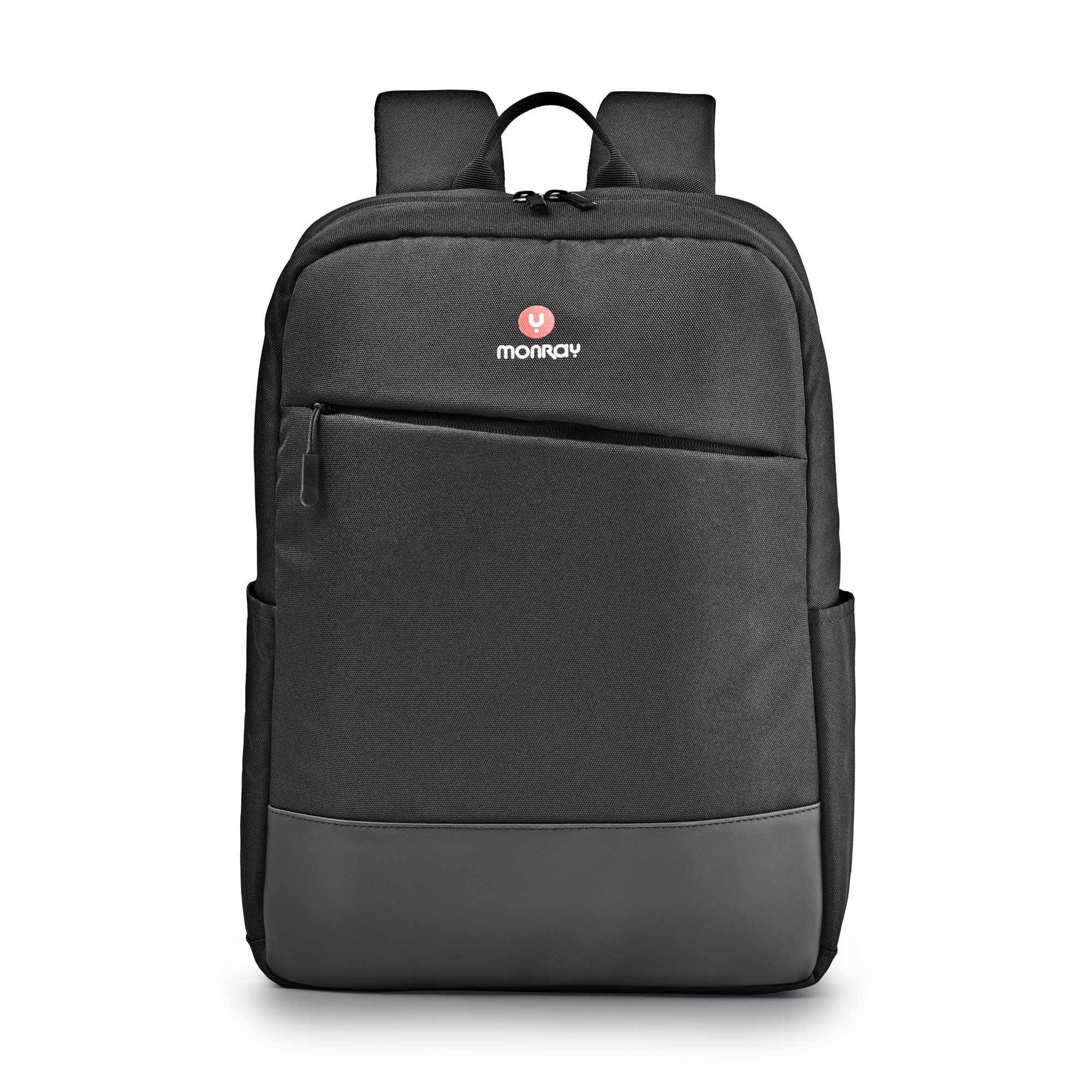Una mochila negra con un logo rojo de Monray en el frente.