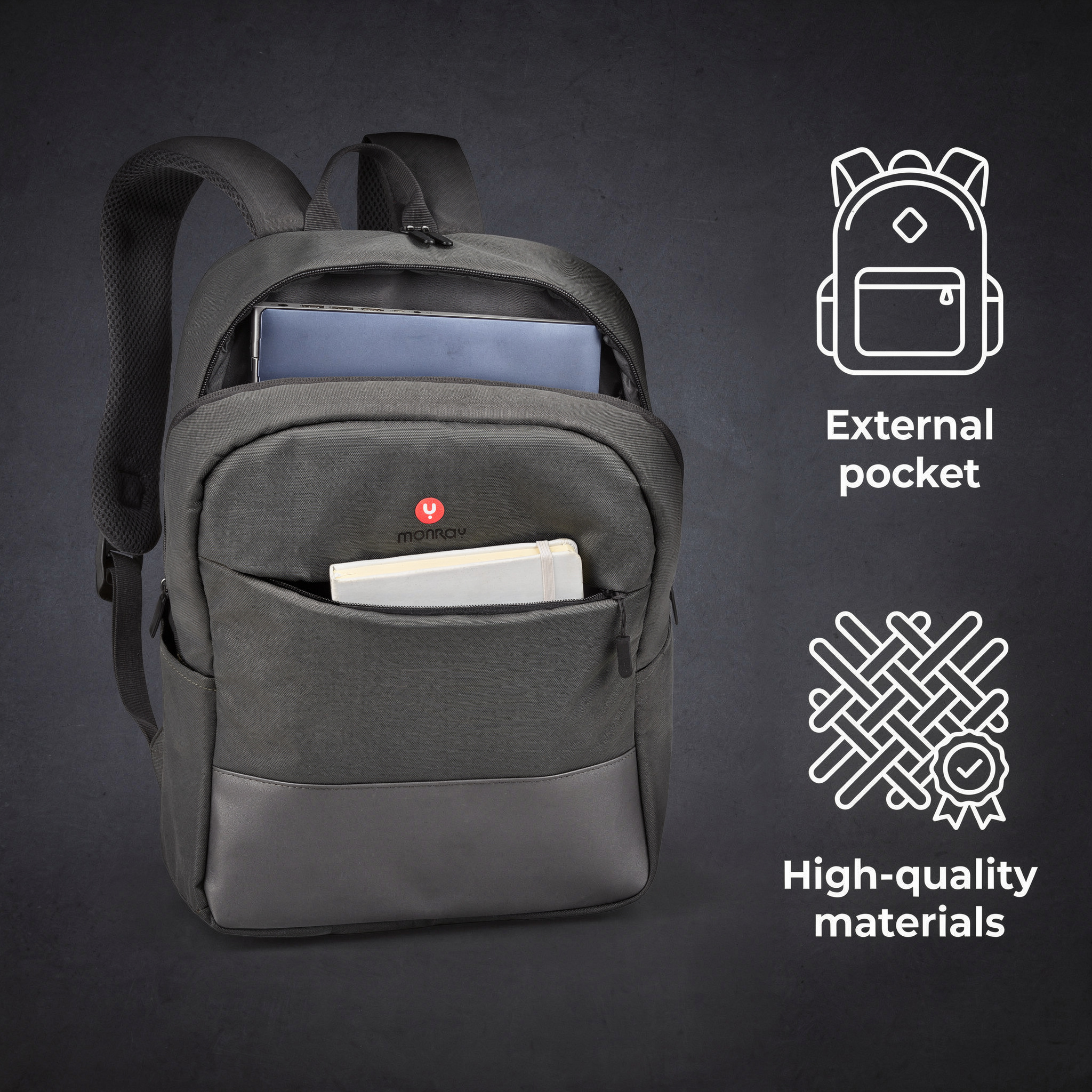Una mochila gris con portátil y cuaderno. Iconos indican bolsillo exterior y materiales de alta calidad.