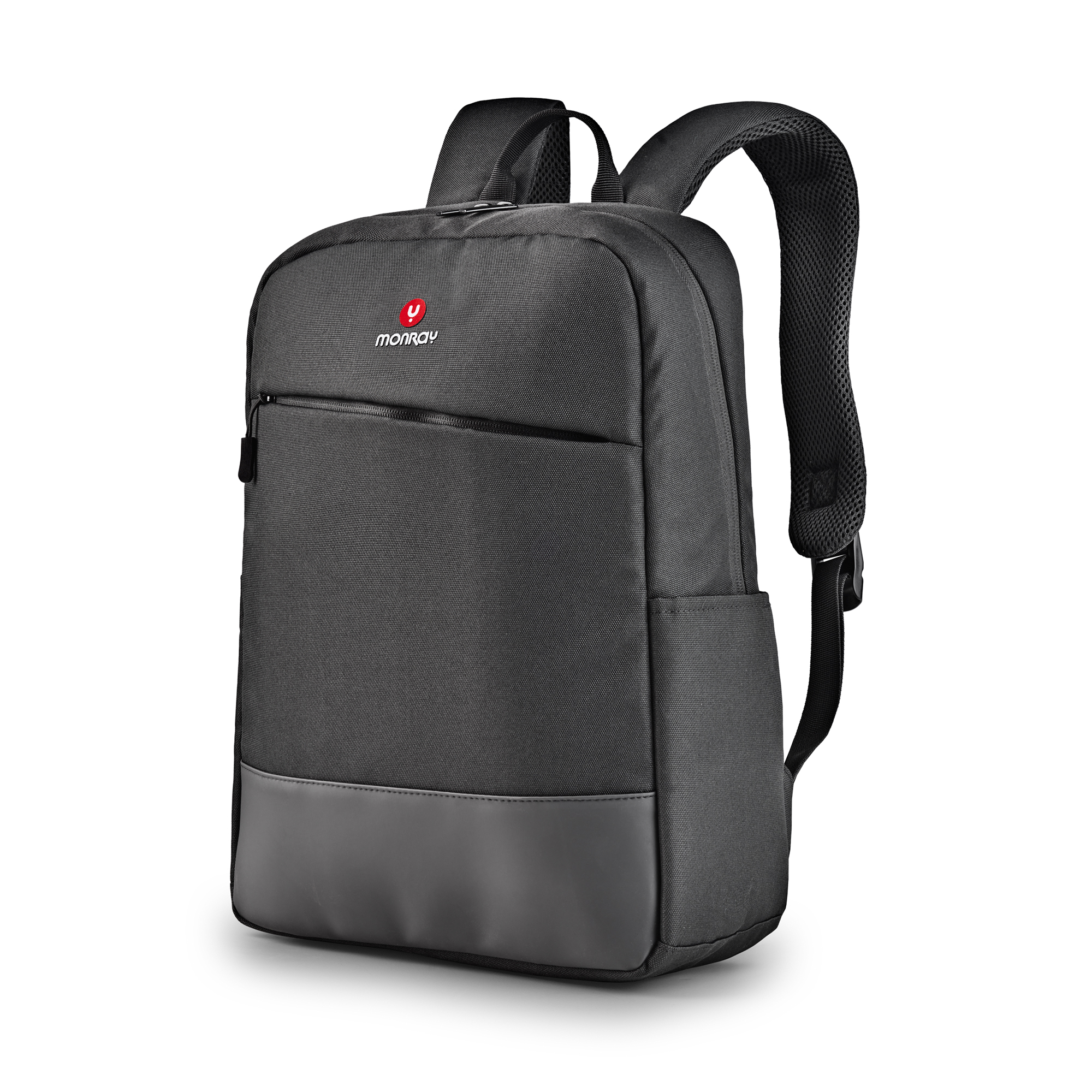 Una mochila negra con base gris y logo rojo.